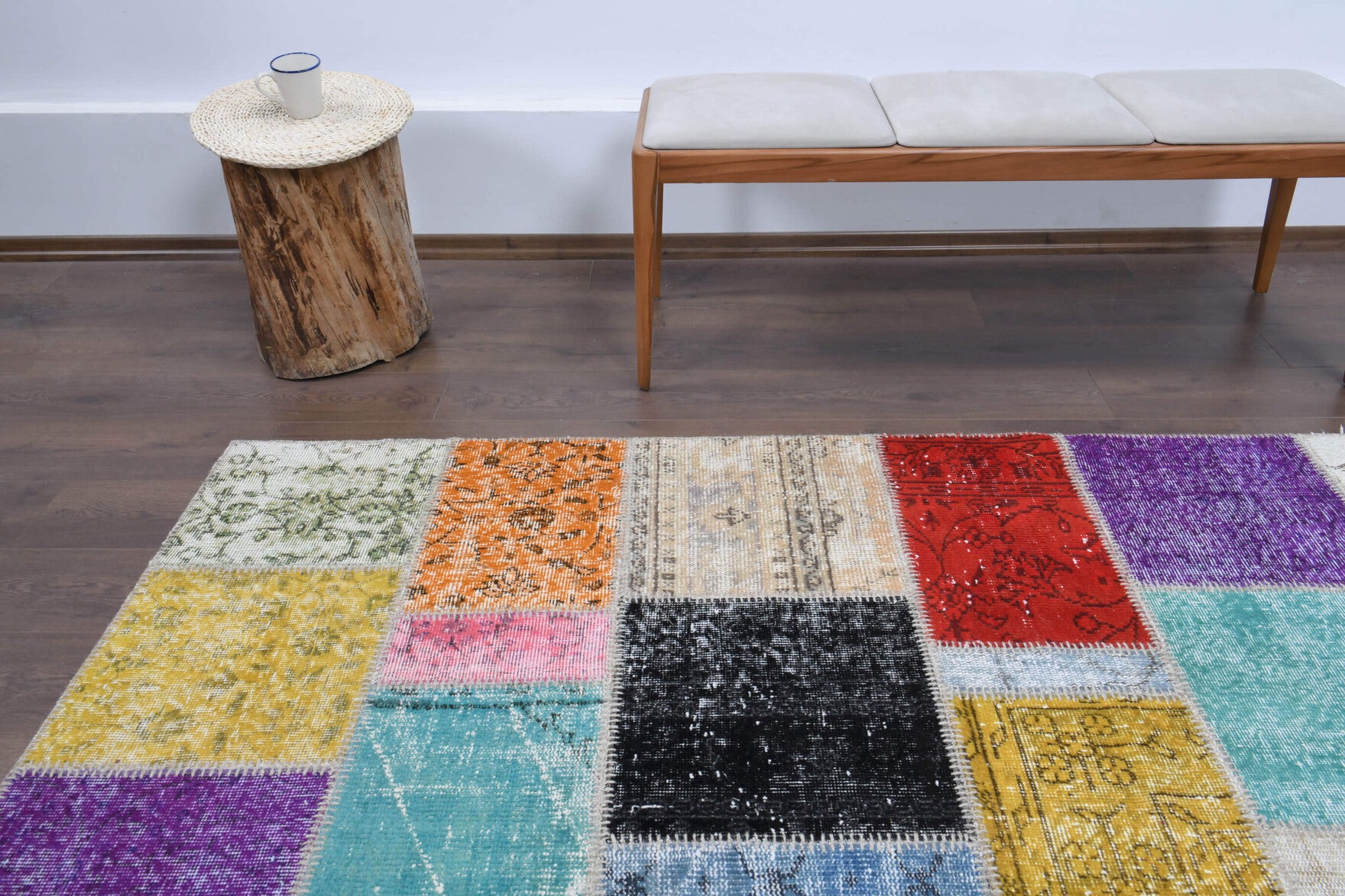 253x346 cm vintage patchwork Anatolian area rug – Alevsad, low pile, wool