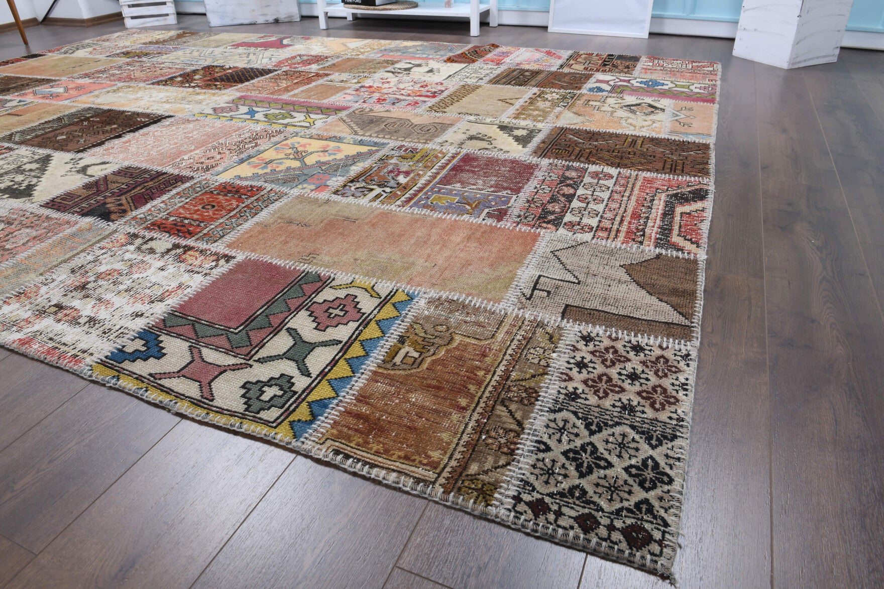 Authentic Anatolian vintage patchwork area rug (1970s) with tribal design – one-of-a-kind at Fame Rugs