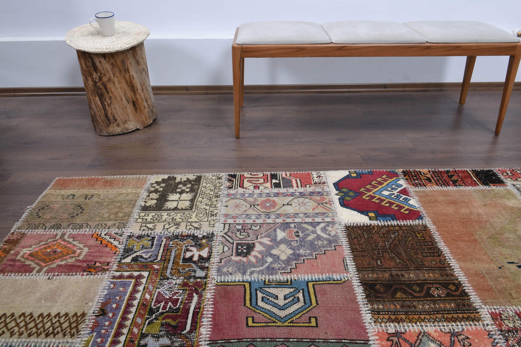 253x348 cm vintage patchwork Anatolian area rug – Akikter, low pile, wool