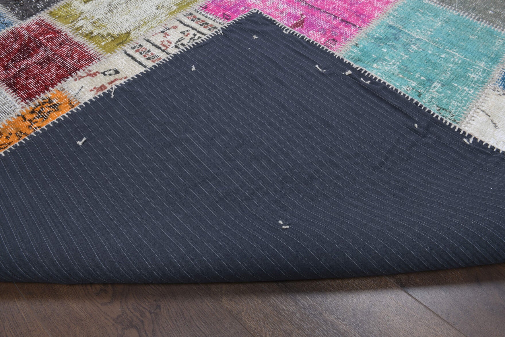 Authentic Anatolian vintage patchwork area rug (1970s) with solid design – one-of-a-kind at Fame Rugs