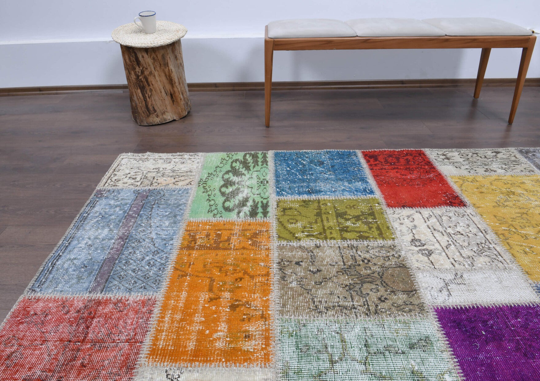 Aretemene rug: 1970s handmade Anatolian rug with solid motifs and fabric backing