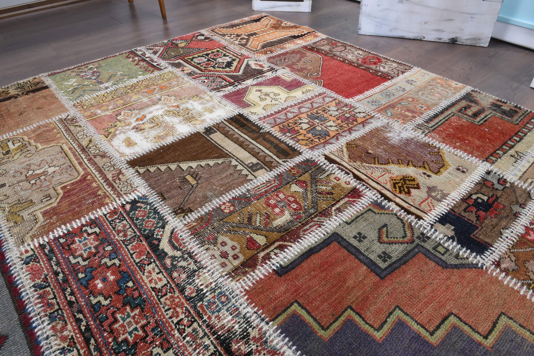 Authentic Anatolian vintage patchwork area rug (1970s) with tribal design – one-of-a-kind at Fame Rugs