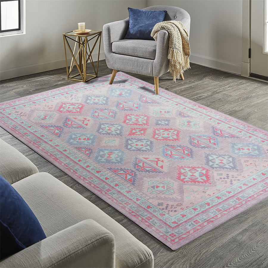 Tapis vintage Herki, nuances de rose et de lavande bohème shabby chic oriental géométrique diamant pastel turc tapis salon chambre à coucher