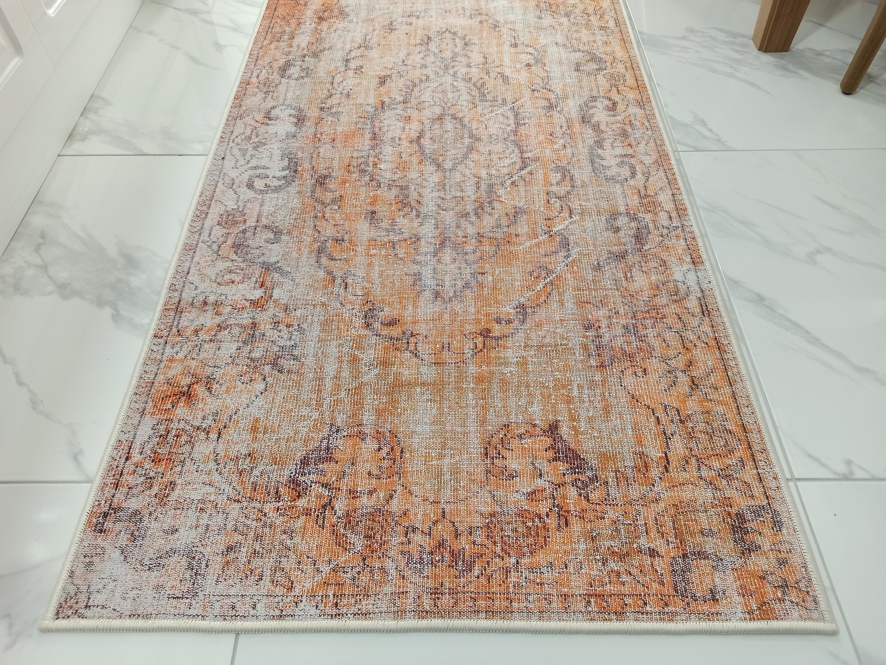 Alya2 Runner Turkish Vintage Faded Orange Runner Rug