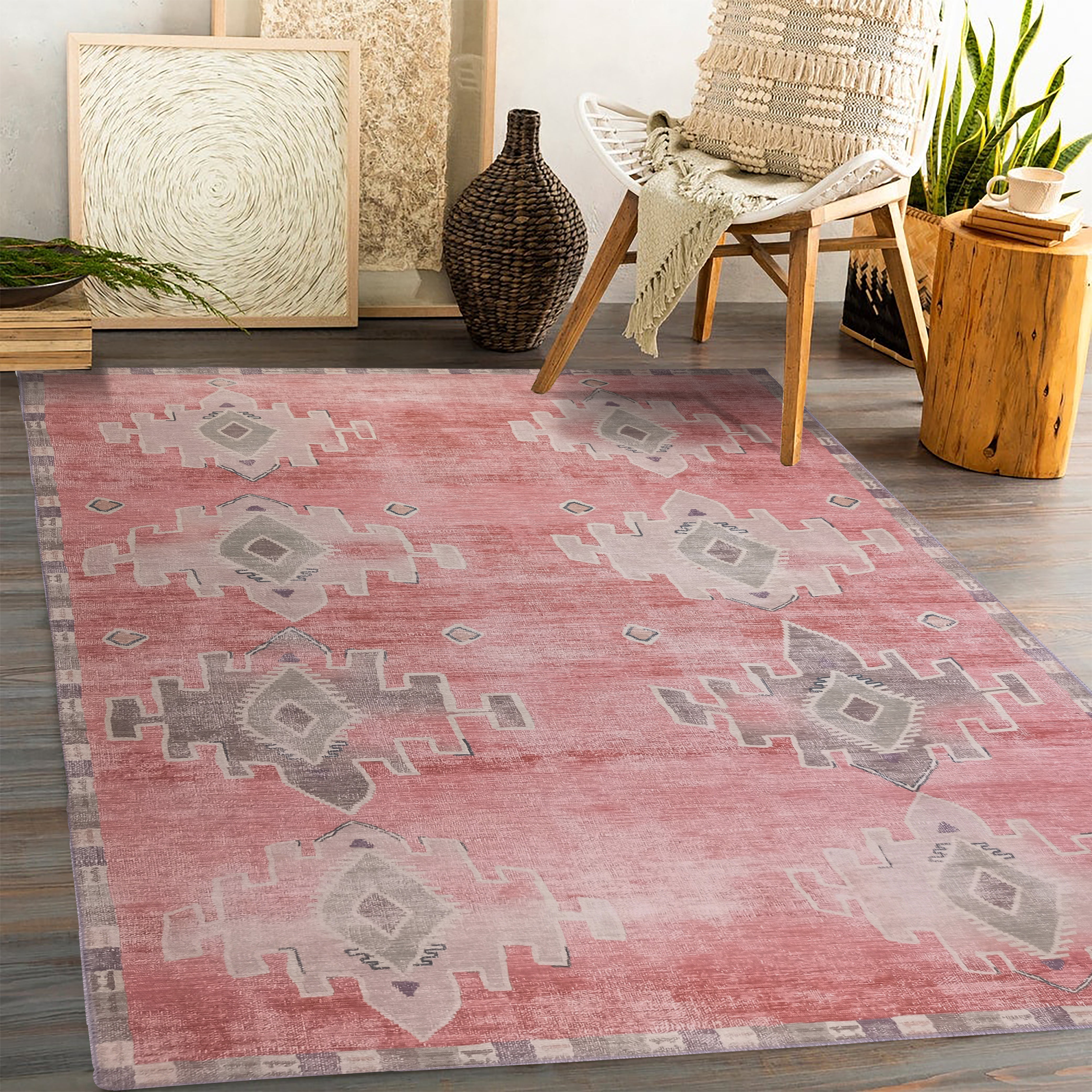 Aurelie Distressed Red Pink Beige Turkish Rug