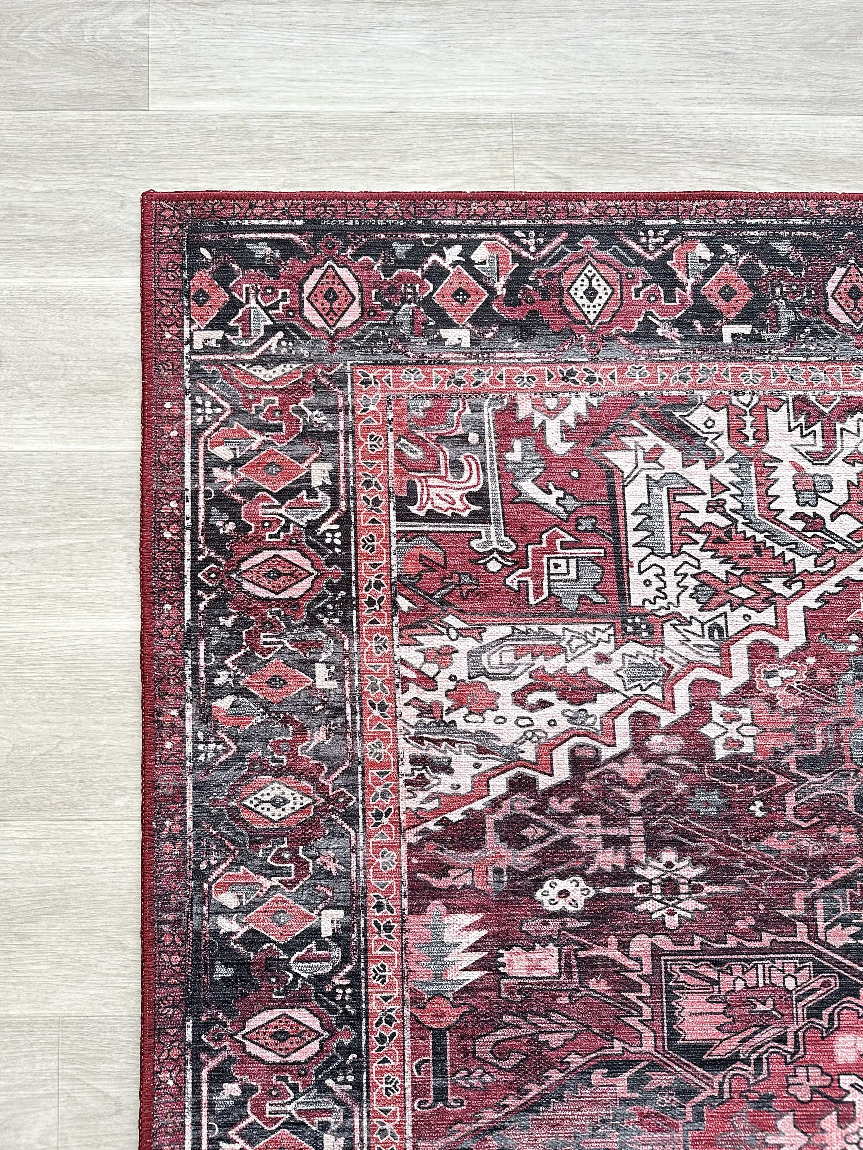 Avla Burgundy Red Floral Heriz Persian Rug