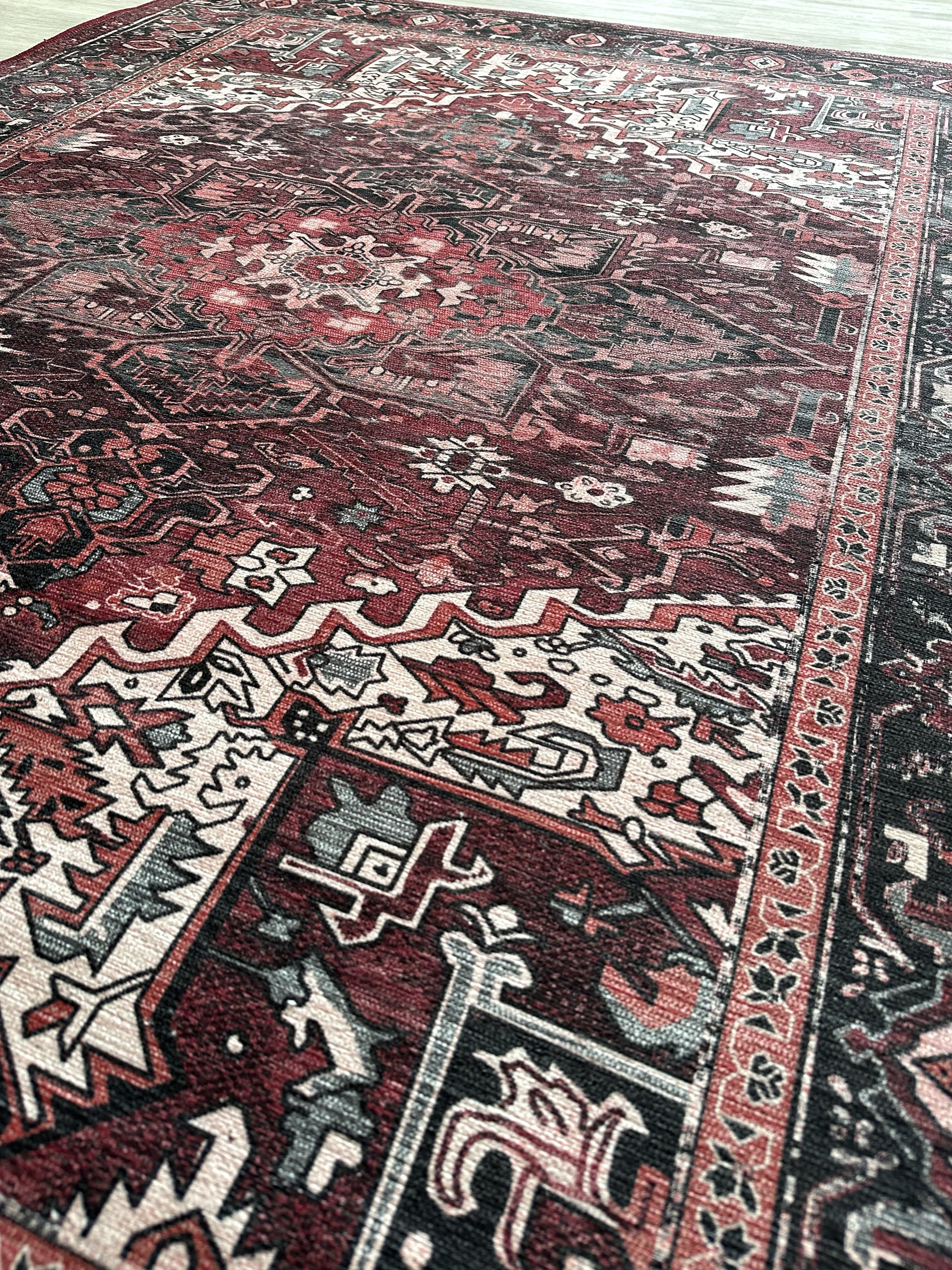 Avla Burgundy Red Floral Heriz Persian Rug