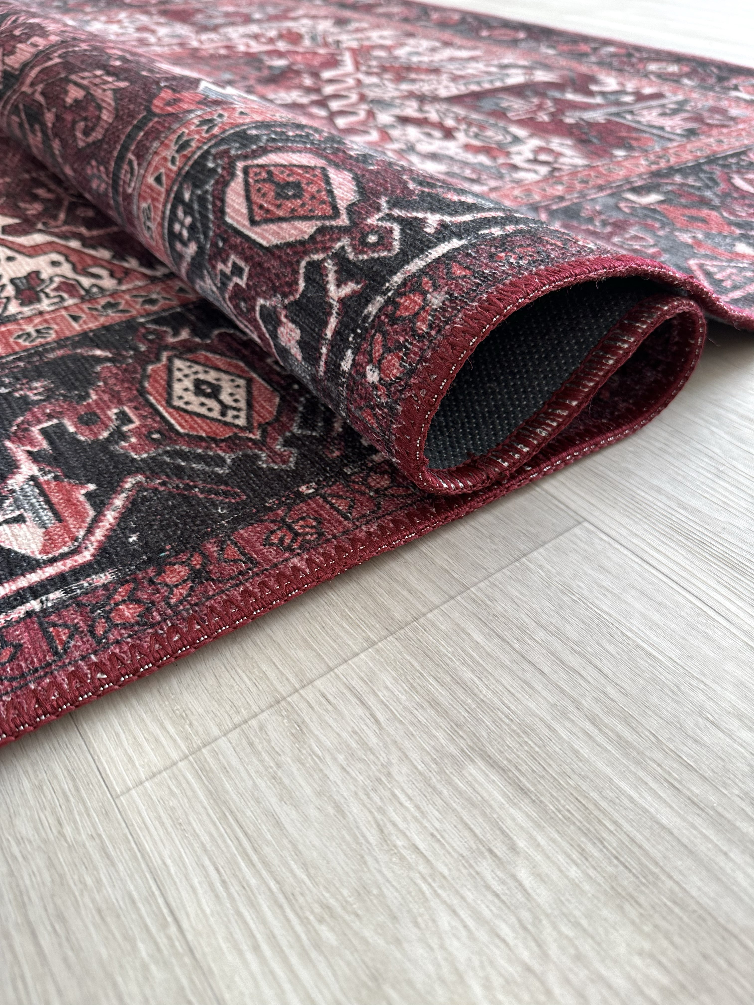 Avla Burgundy Red Floral Heriz Persian Rug