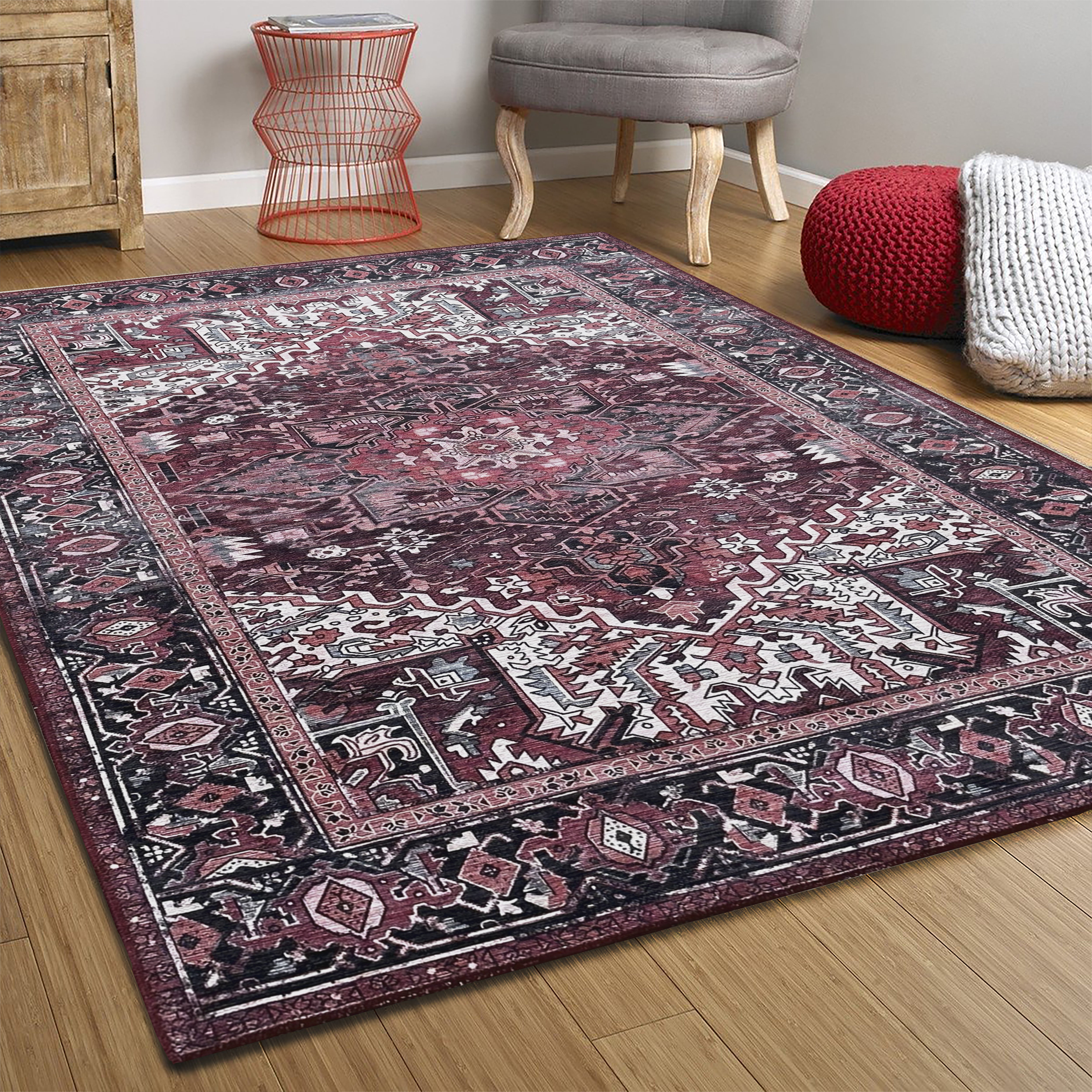 Avla Burgundy Red Floral Heriz Persian Rug
