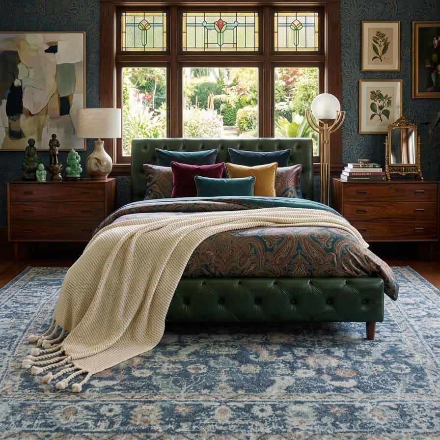 Cozy bedroom with a green upholstered bed, colorful pillows, and decorative elements. Fame Rugs