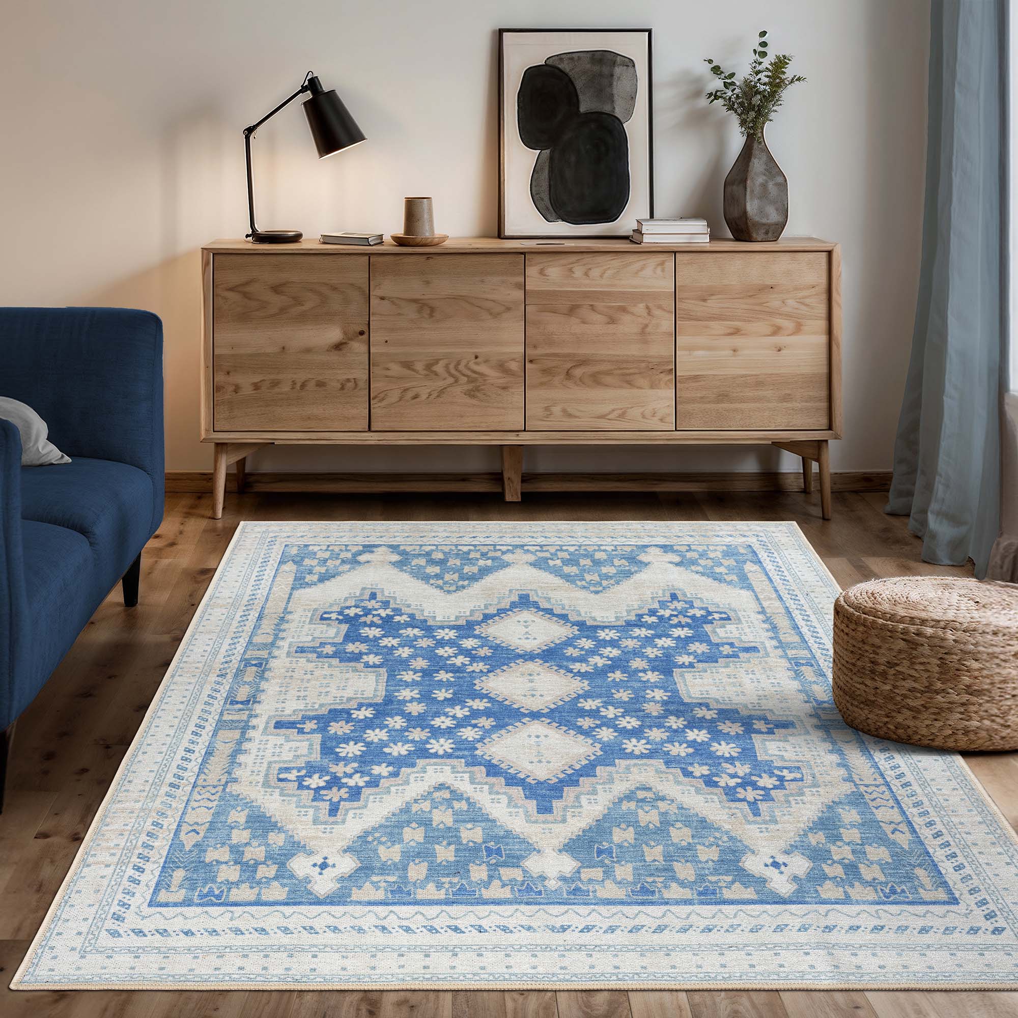 Beige Blue Boho Oushak Washable Rug