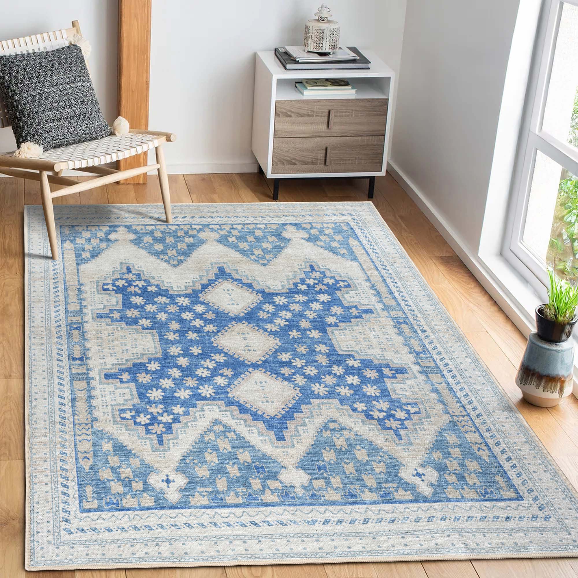 Beige Blue Boho Oushak Washable Rug