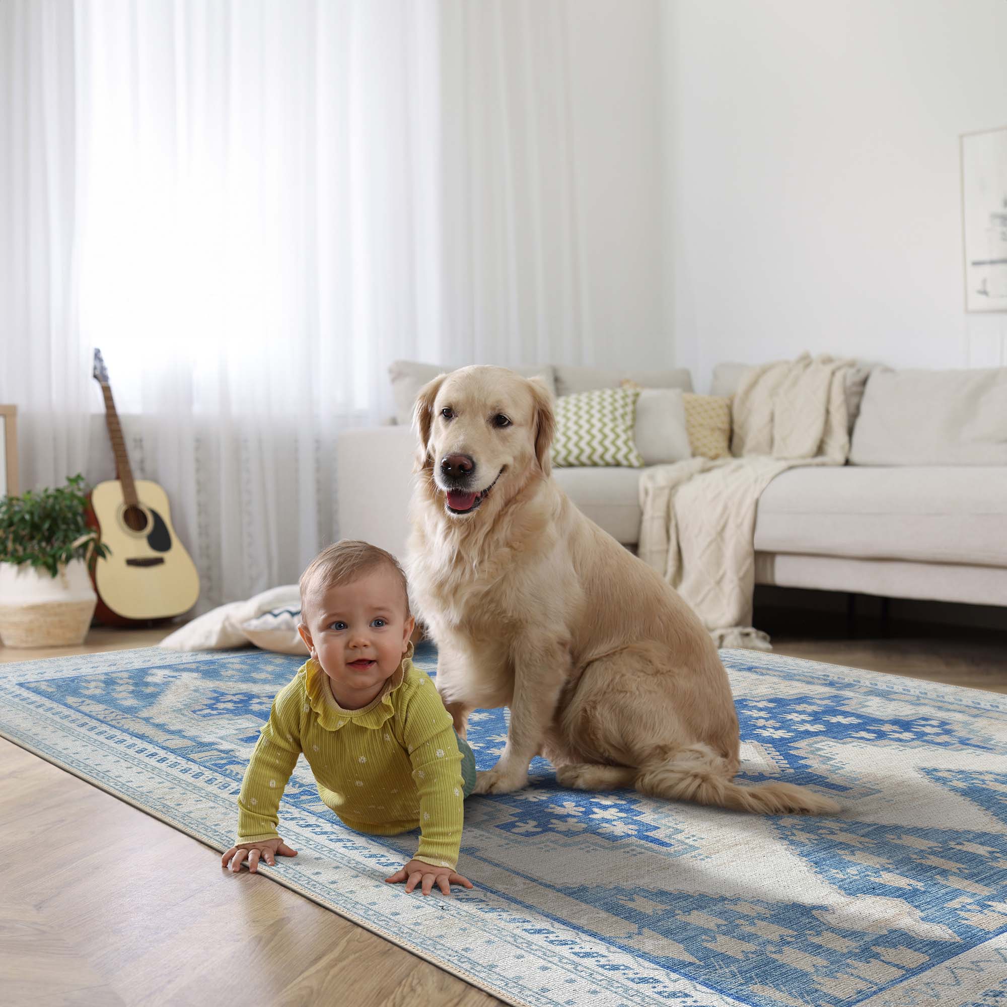 Beige Blue Boho Oushak Washable Rug