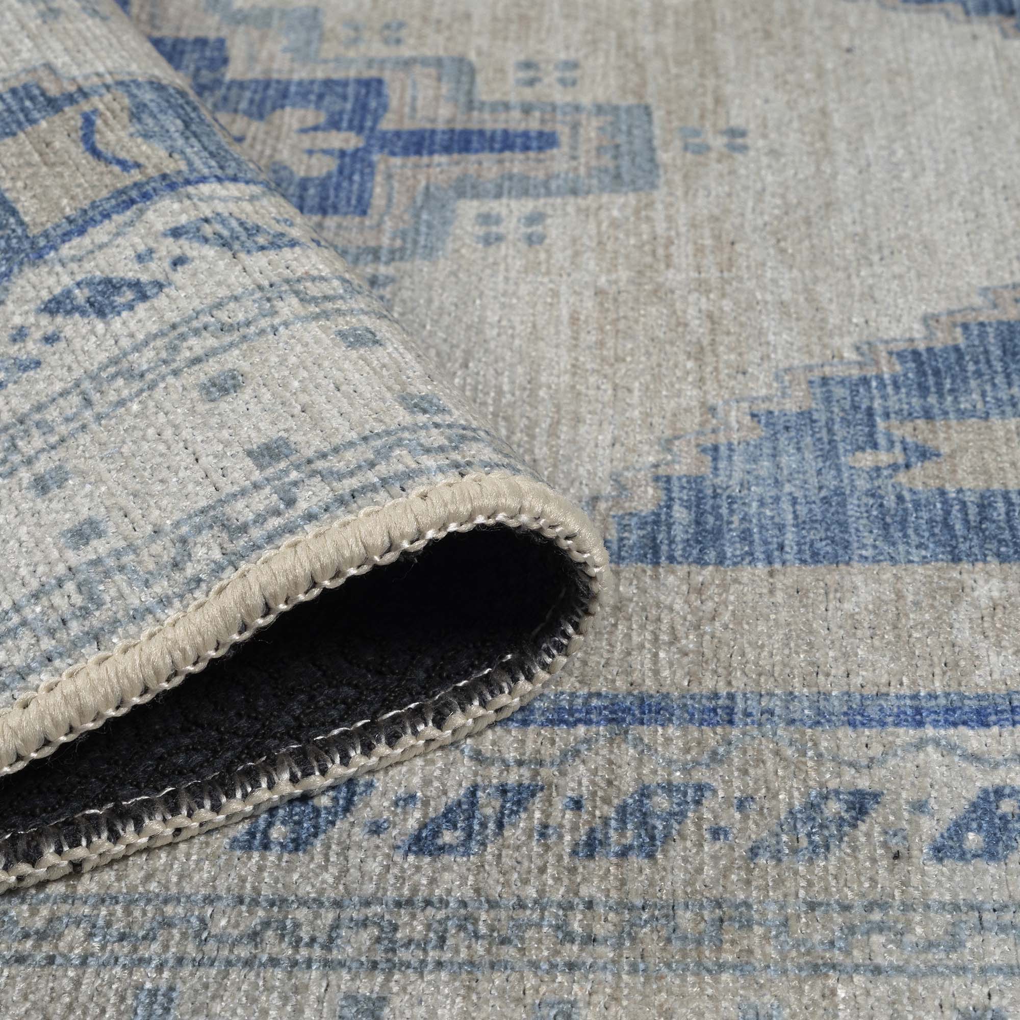 Beige Blue Boho Oushak Washable Rug