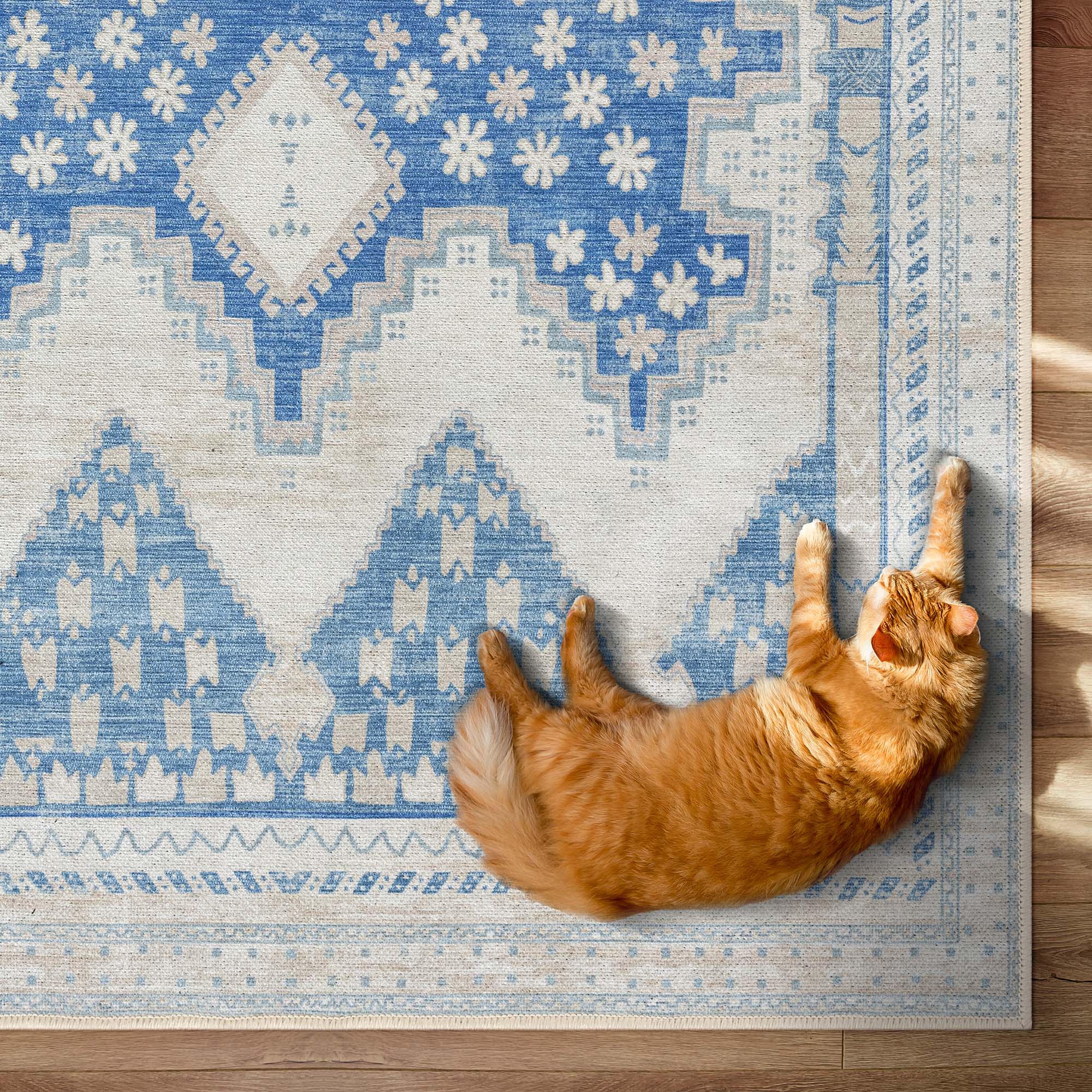 Beige Blue Boho Oushak Washable Rug