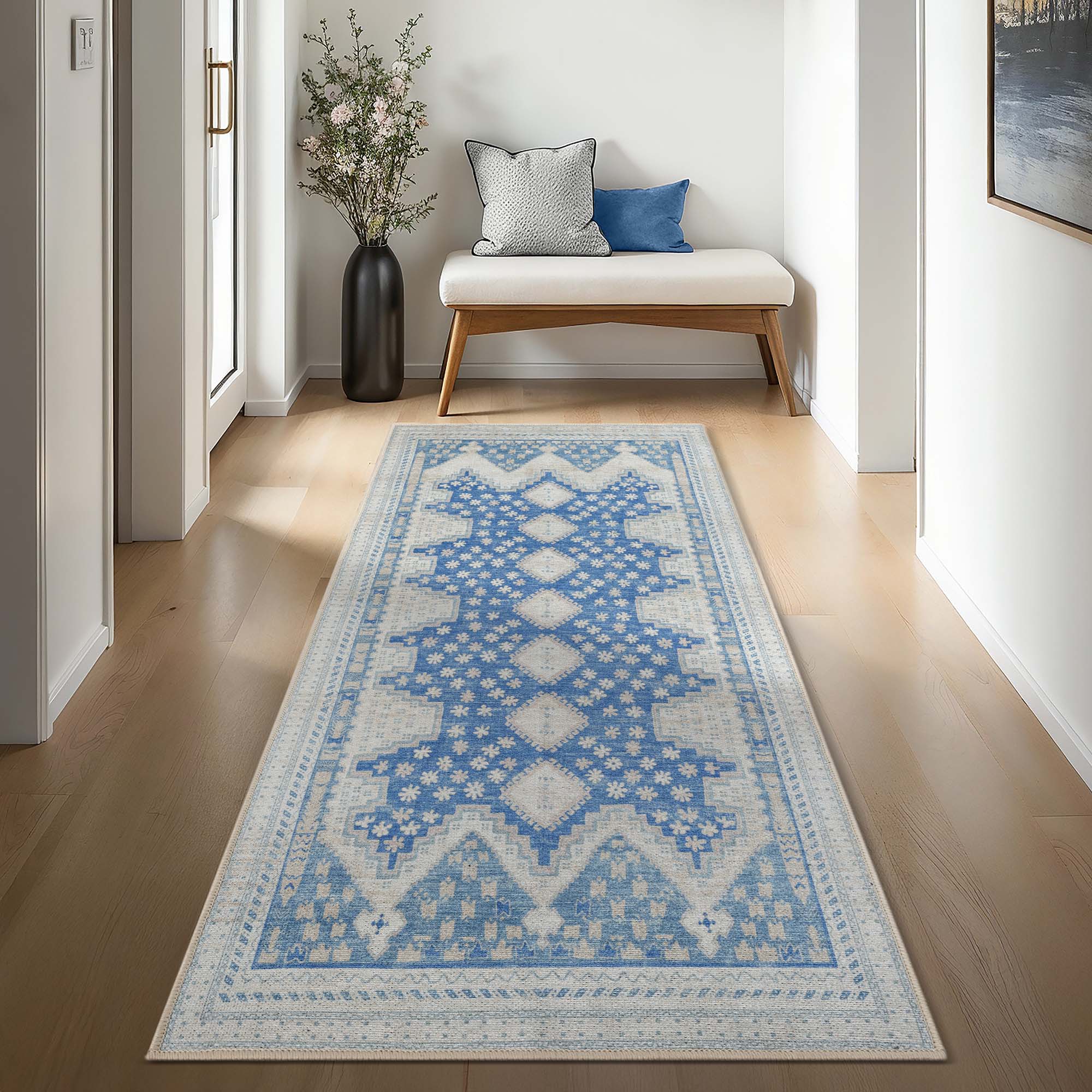 Beige Blue Boho Oushak Washable Rug