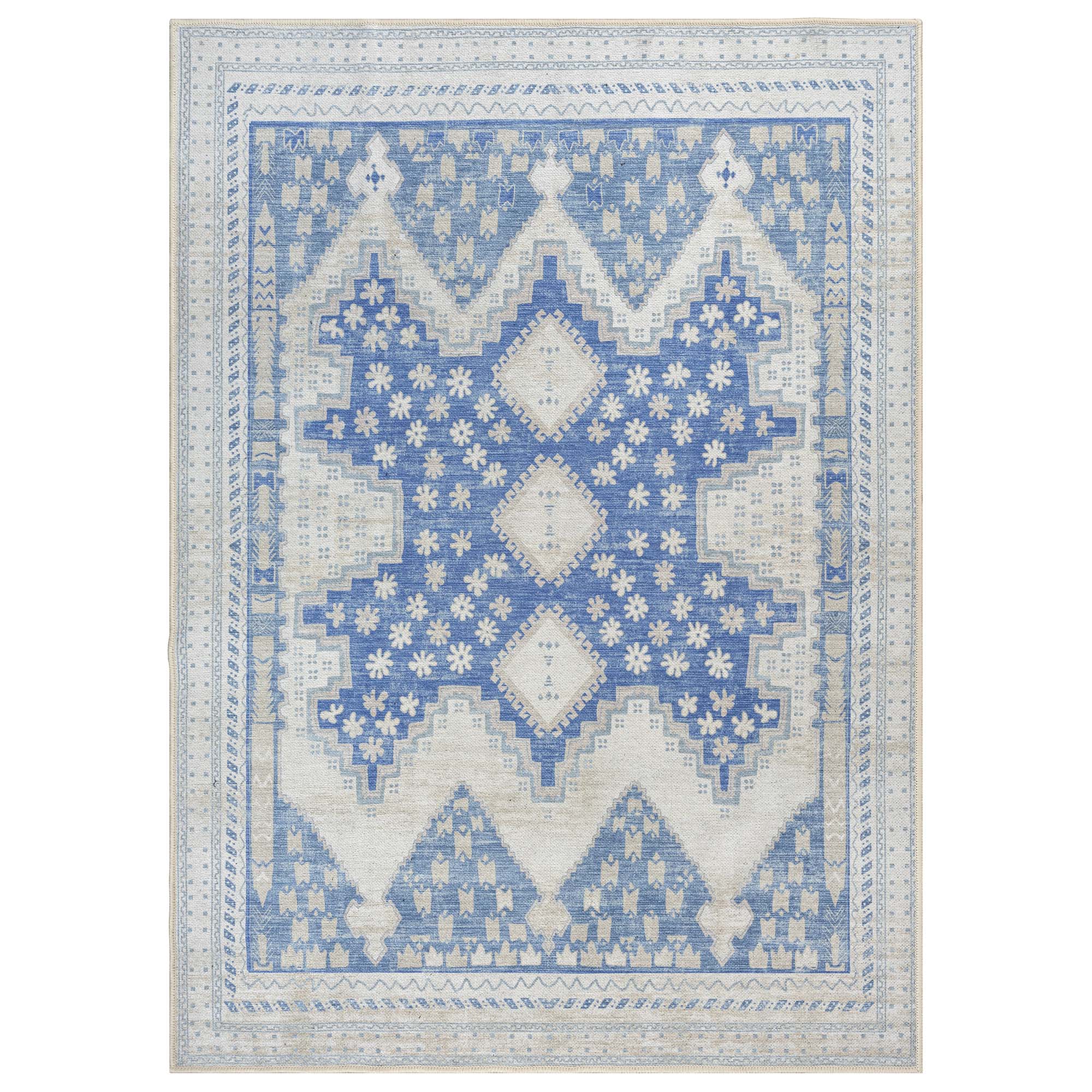 Beige Blue Boho Oushak Washable Rug