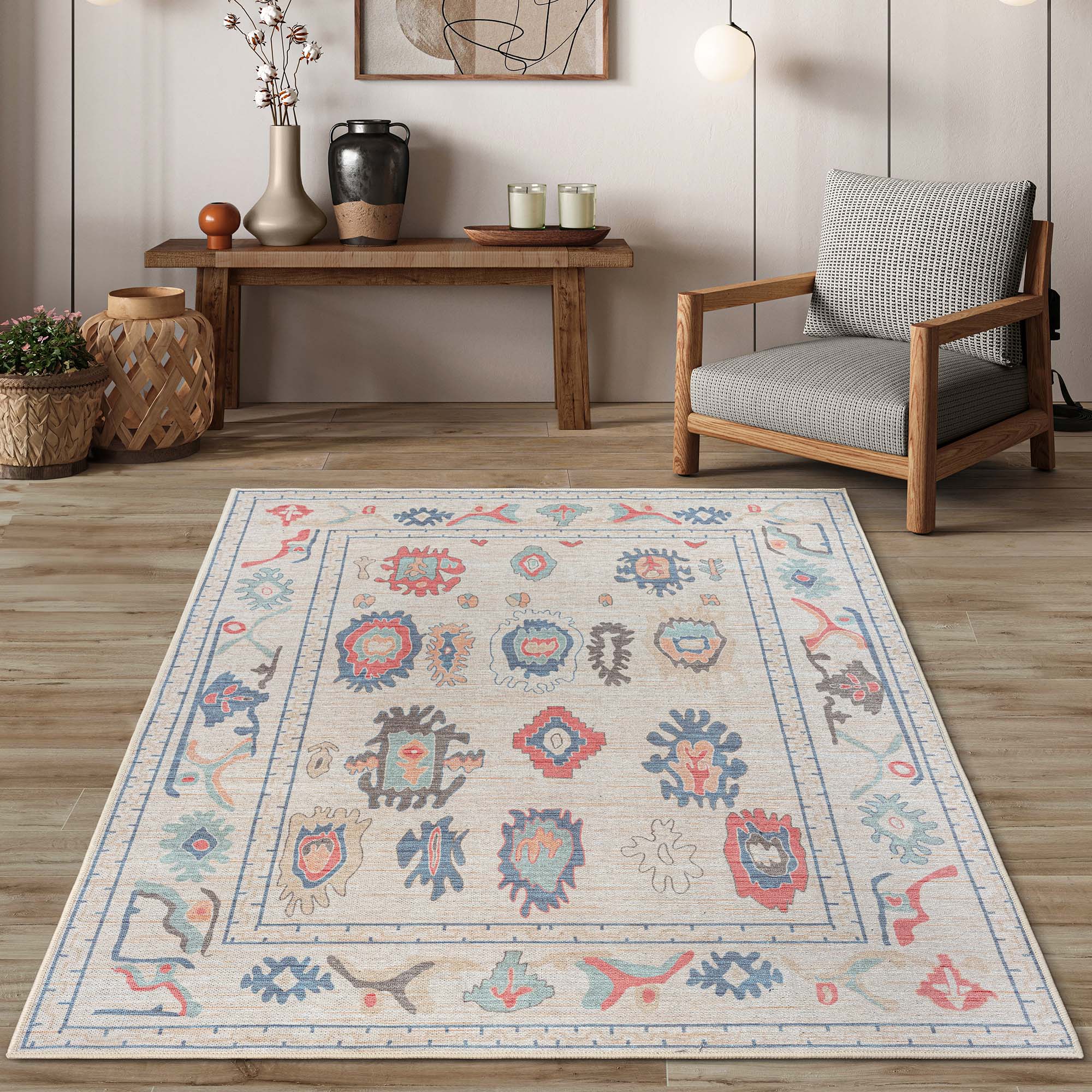 Beige Oushak Area Washable Rug