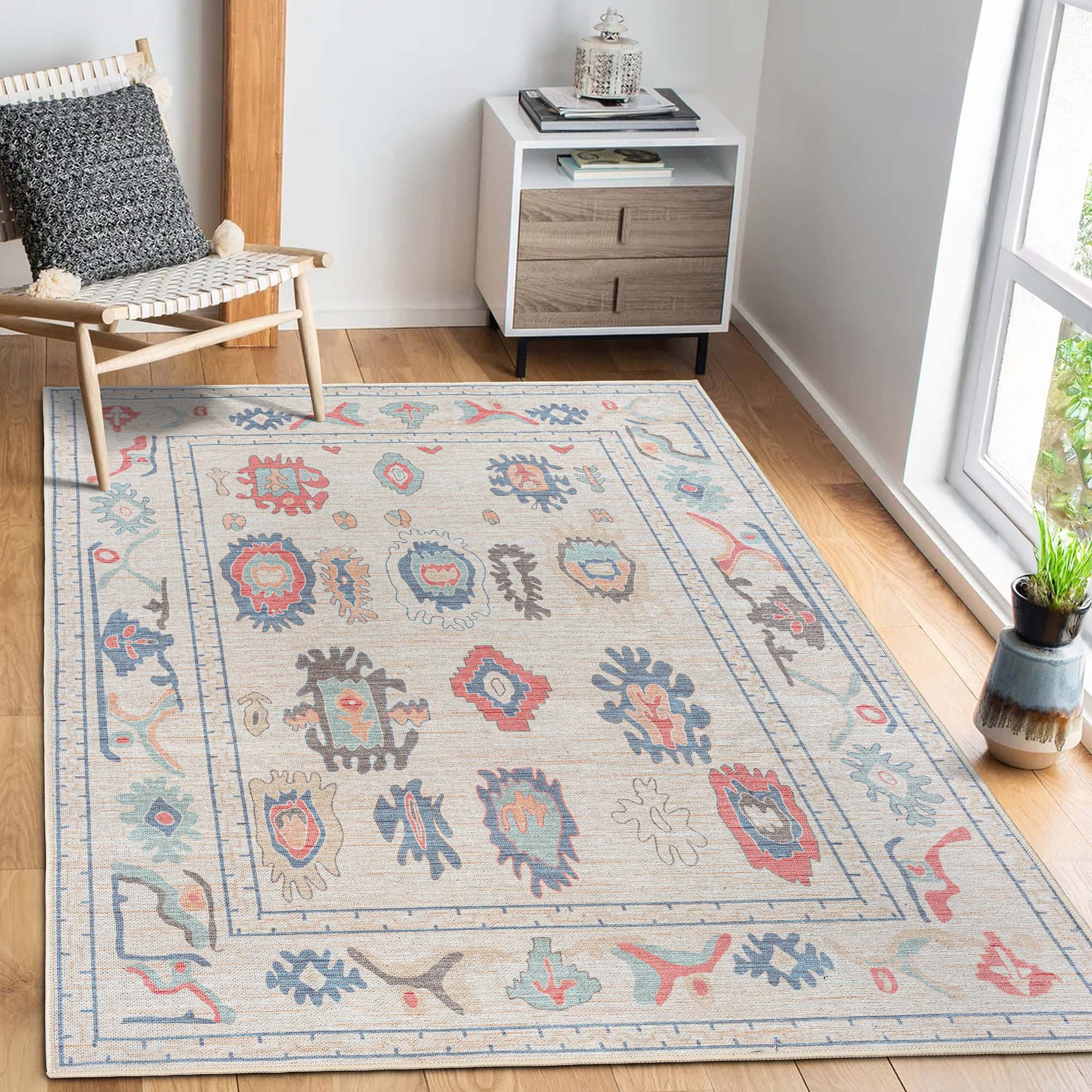 Beige Oushak Area Washable Rug