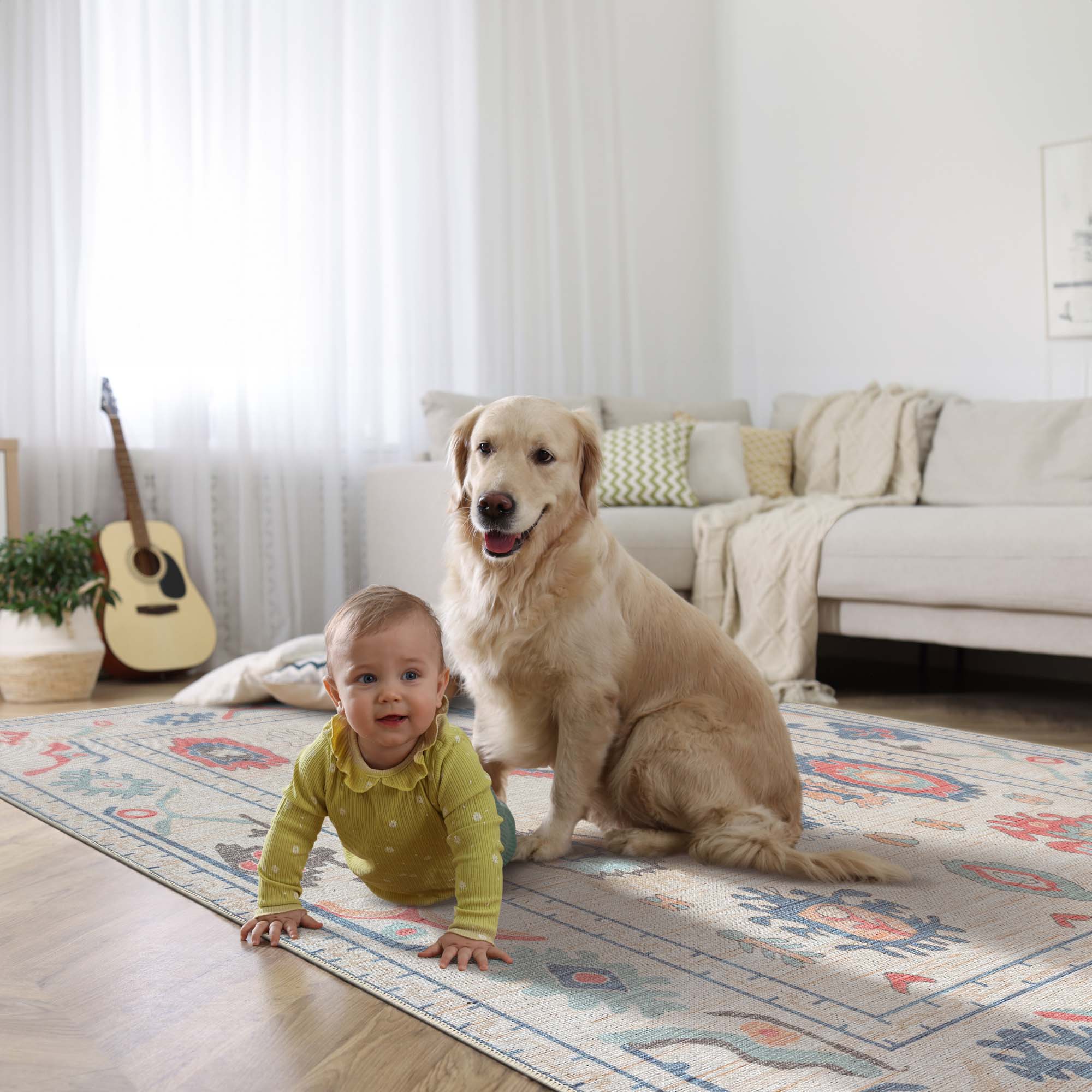 Beige Oushak Area Washable Rug