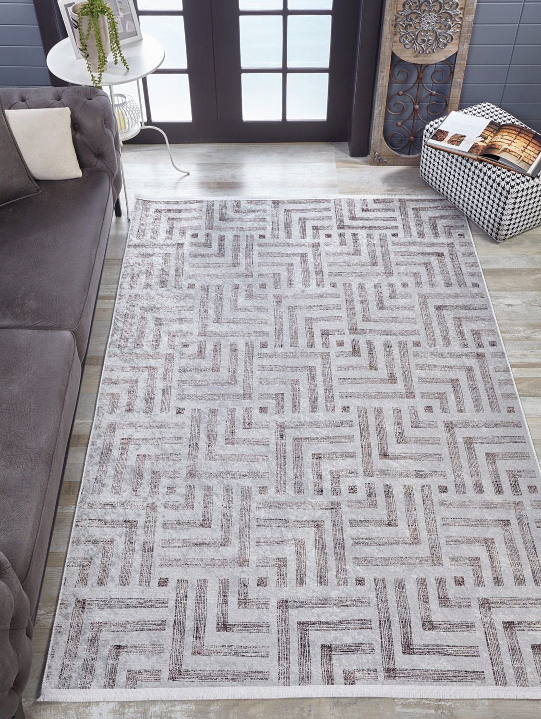 Beypa Pearl Brown Rug Black & White Geometric Area Rugs