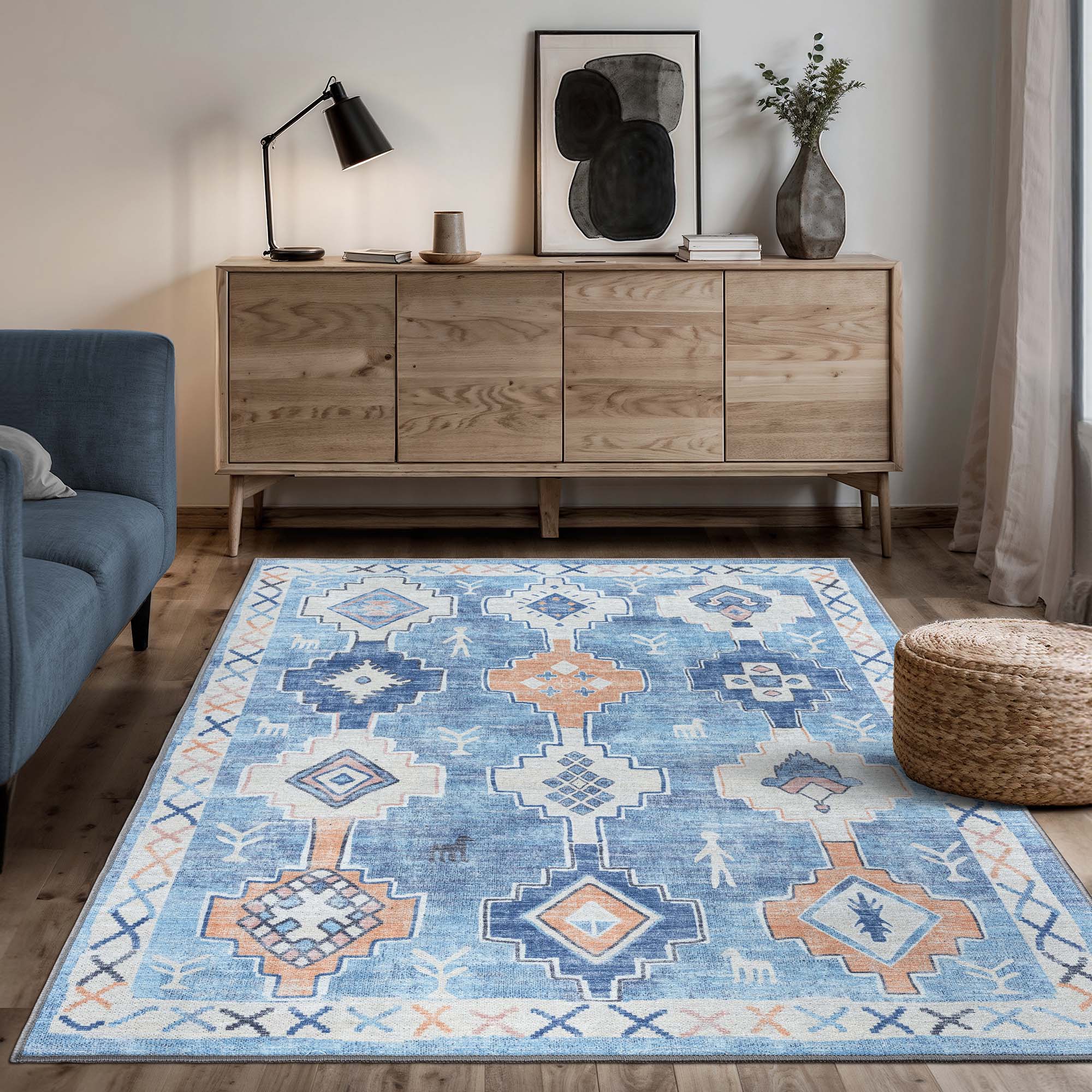 Blue Boho Oushak Washable Rug