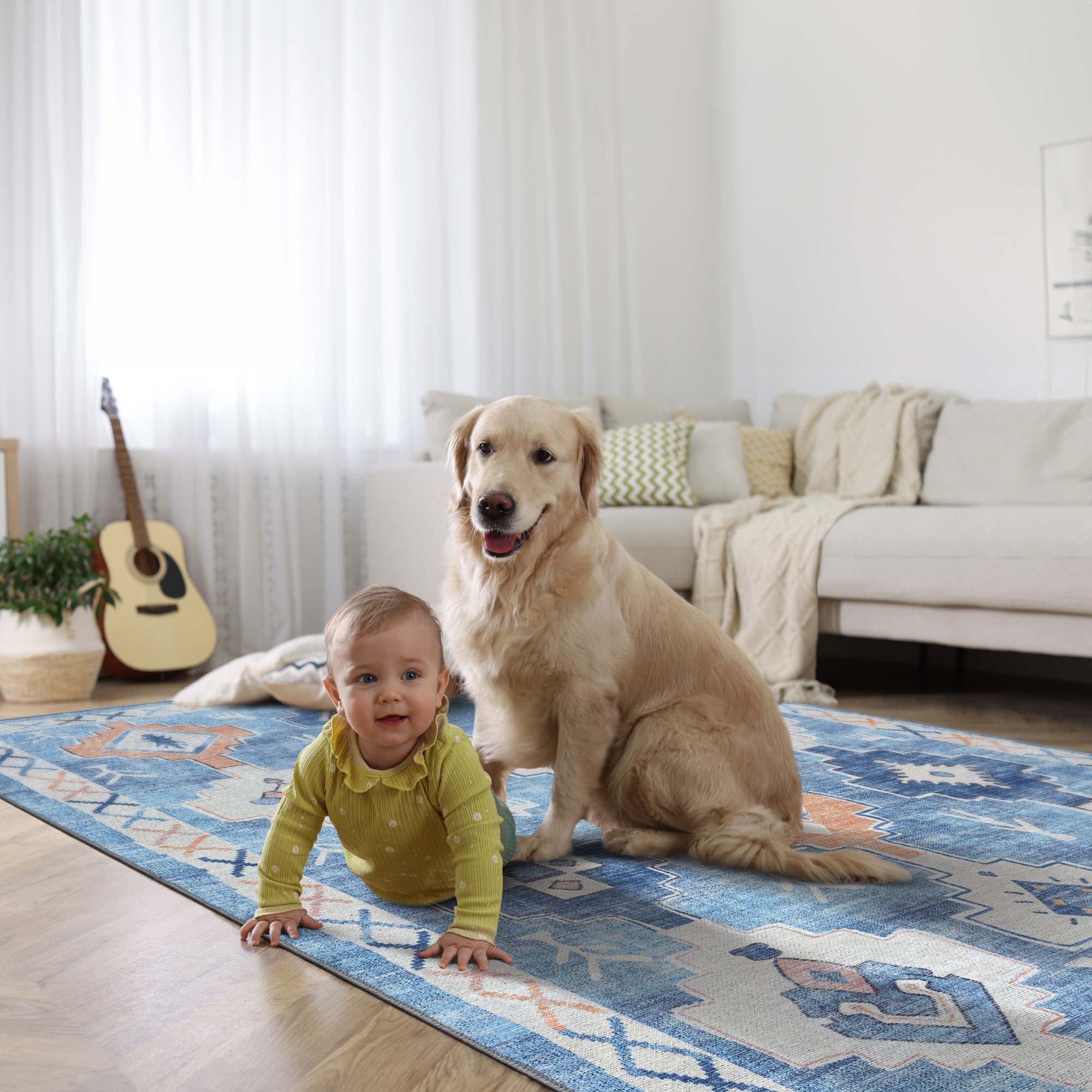 Blue Boho Oushak Washable Rug