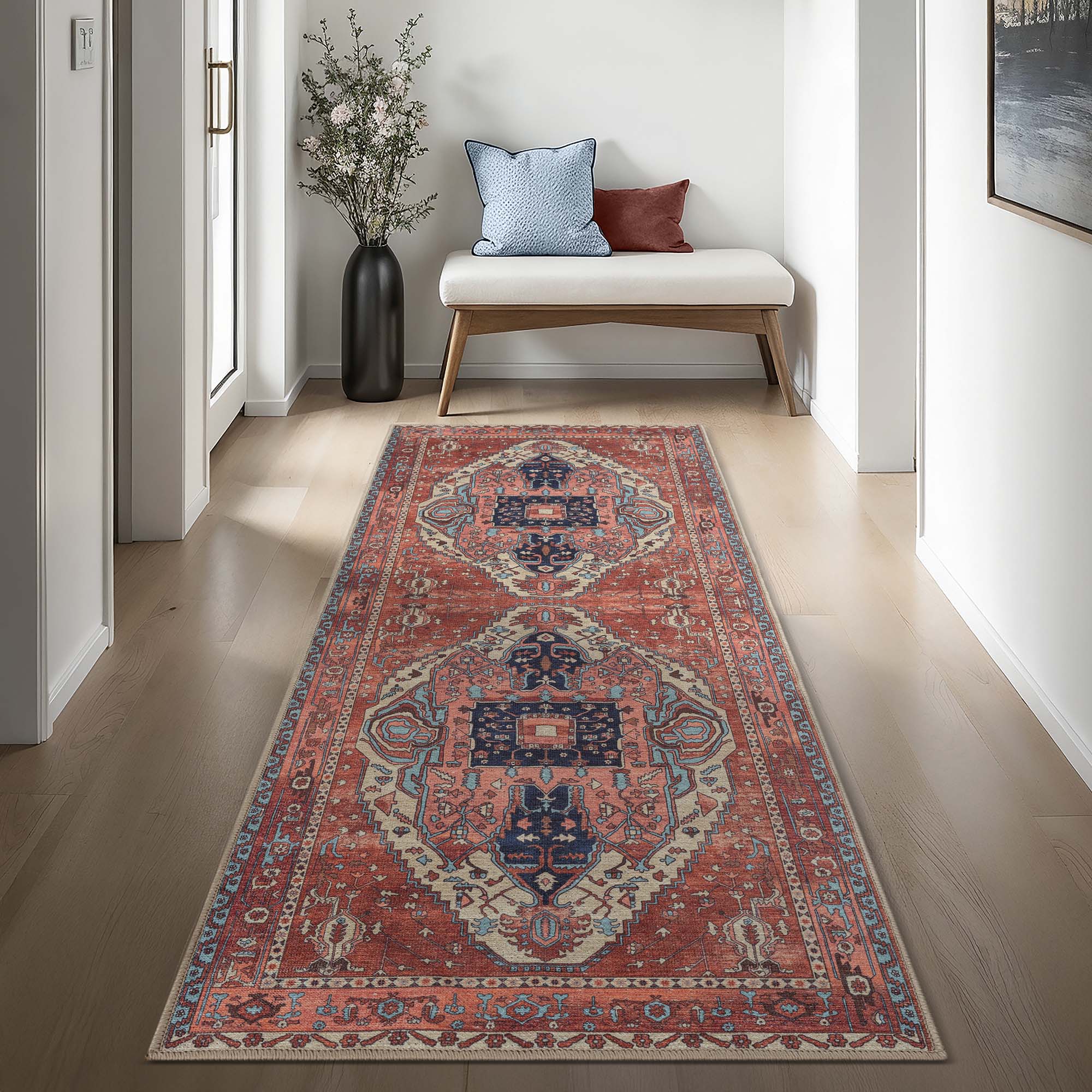 Brick Color Oushak Area Washable Rug