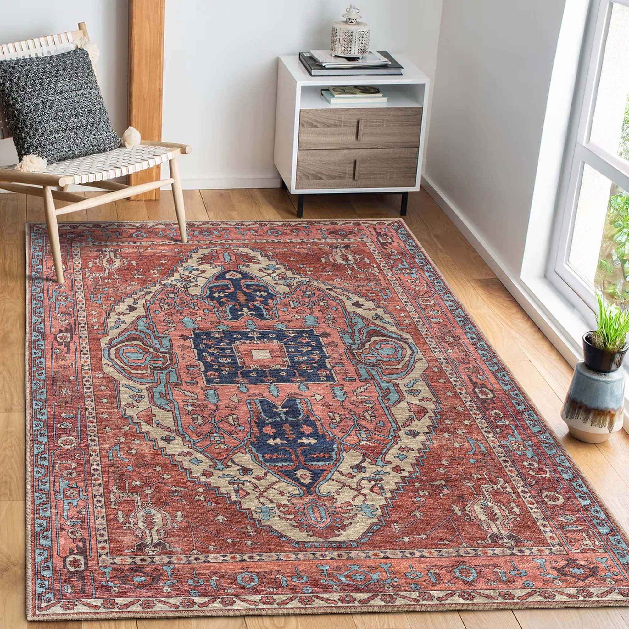 Brick Color Oushak Area Washable Rug