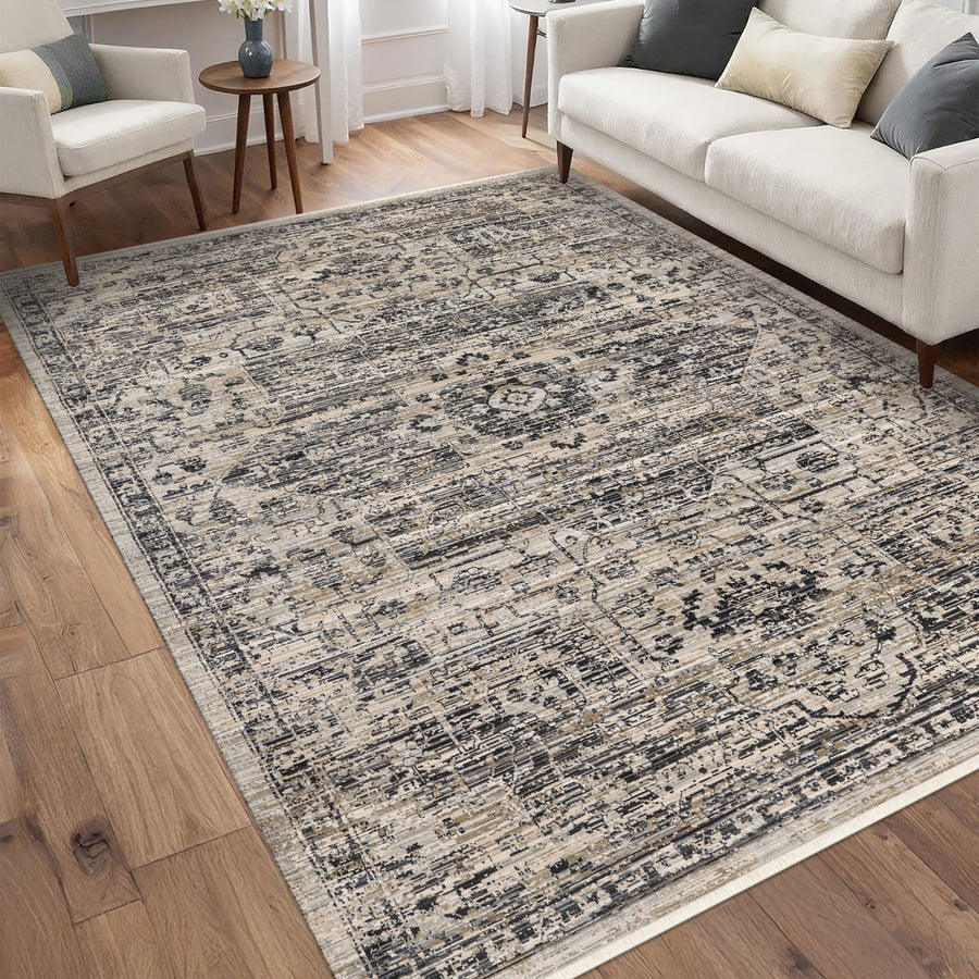 Charcoal Black Distressed Medallion Rug