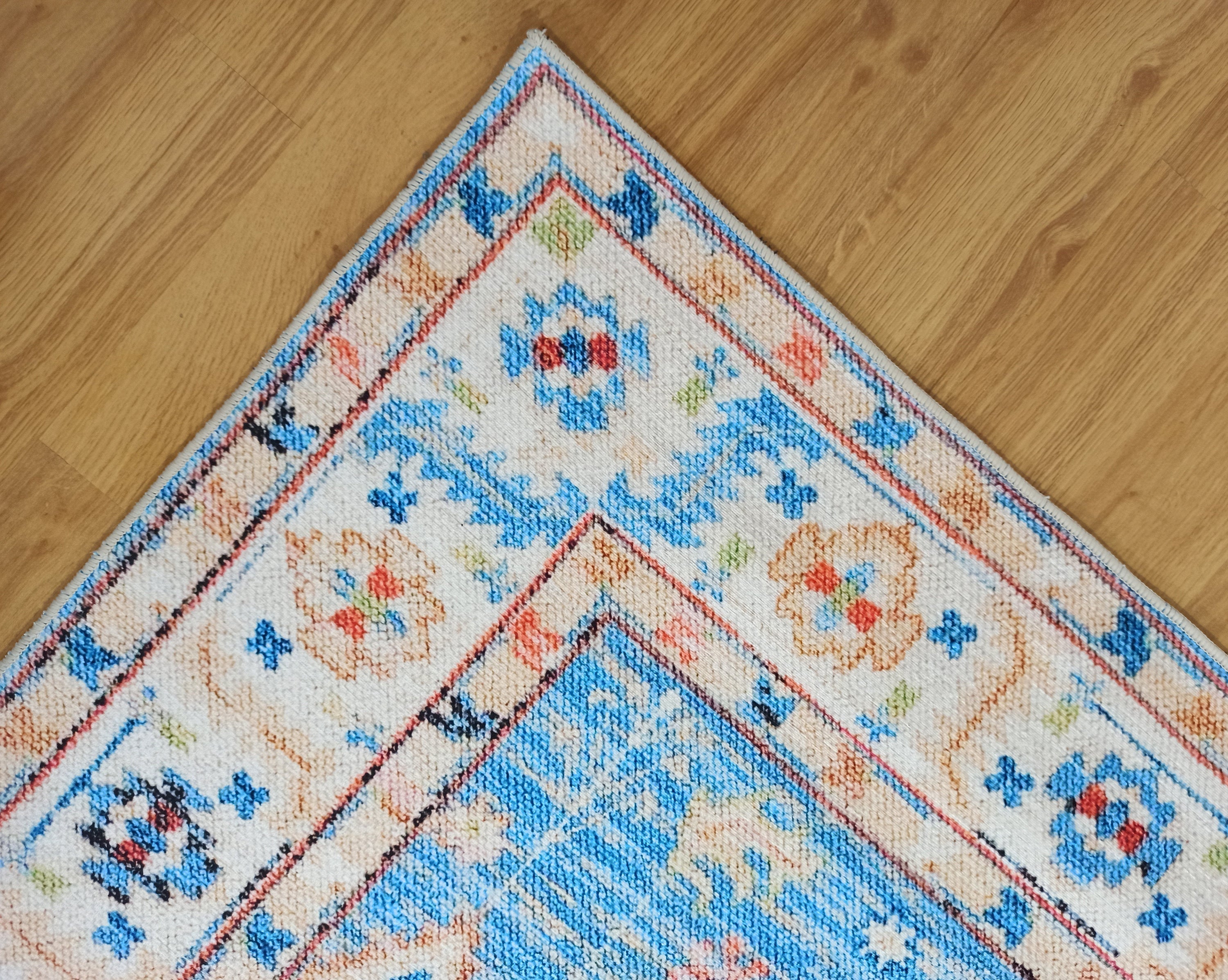 Daniz Rug Turkish Light Blue & Coral Red Rug