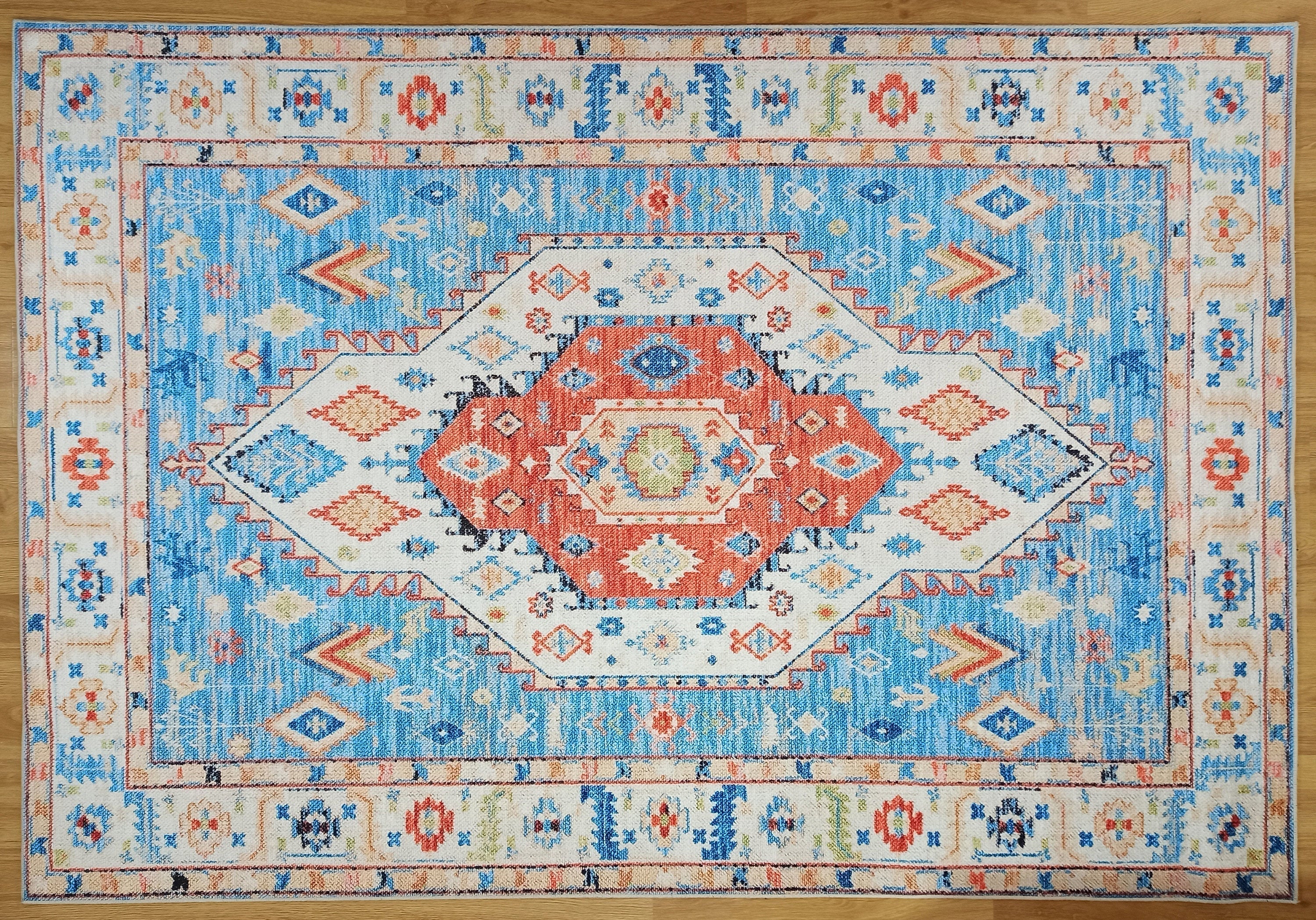 Daniz Rug Turkish Light Blue & Coral Red Rug