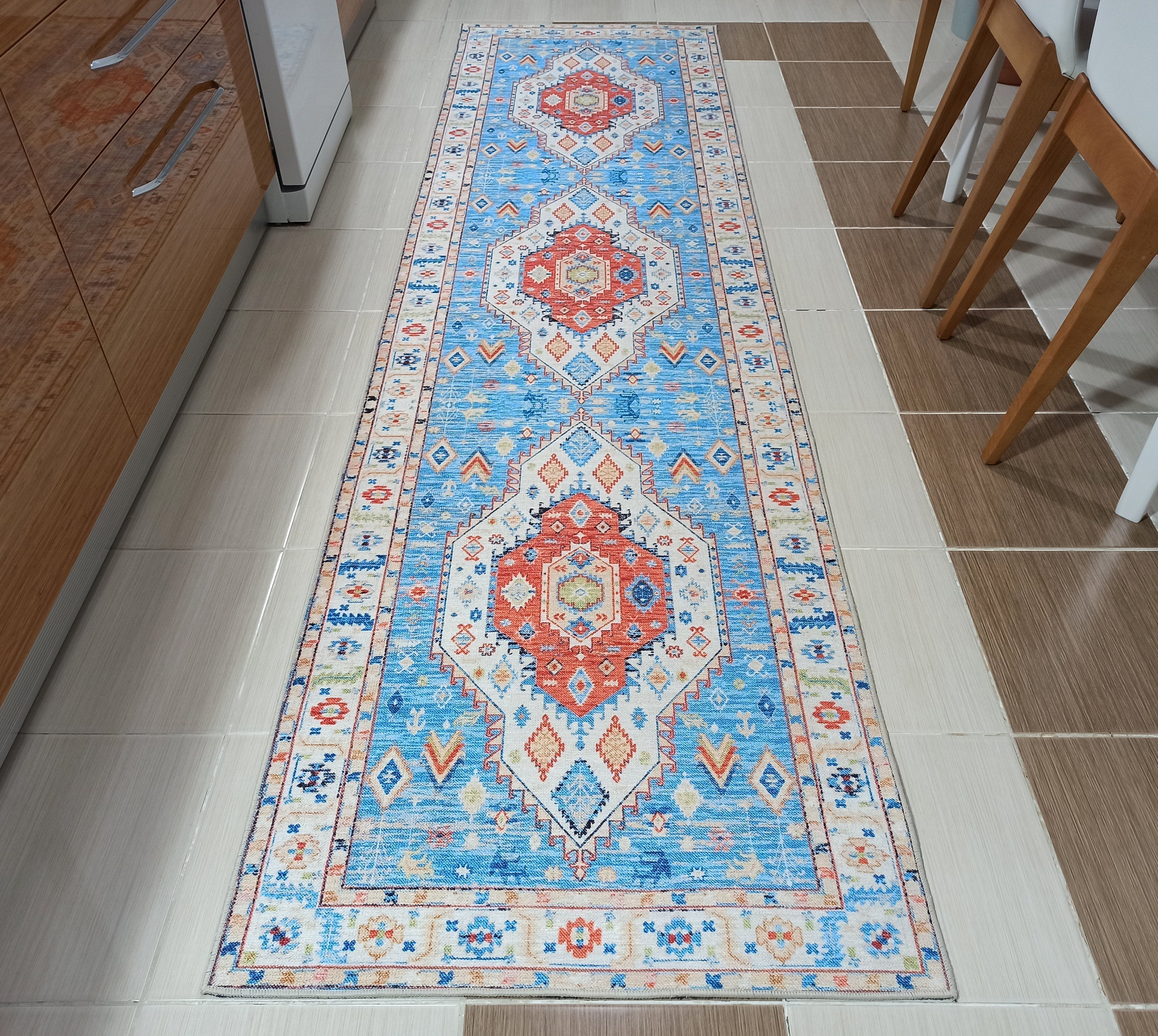 Daniz Rug Turkish Light Blue & Coral Red Rug