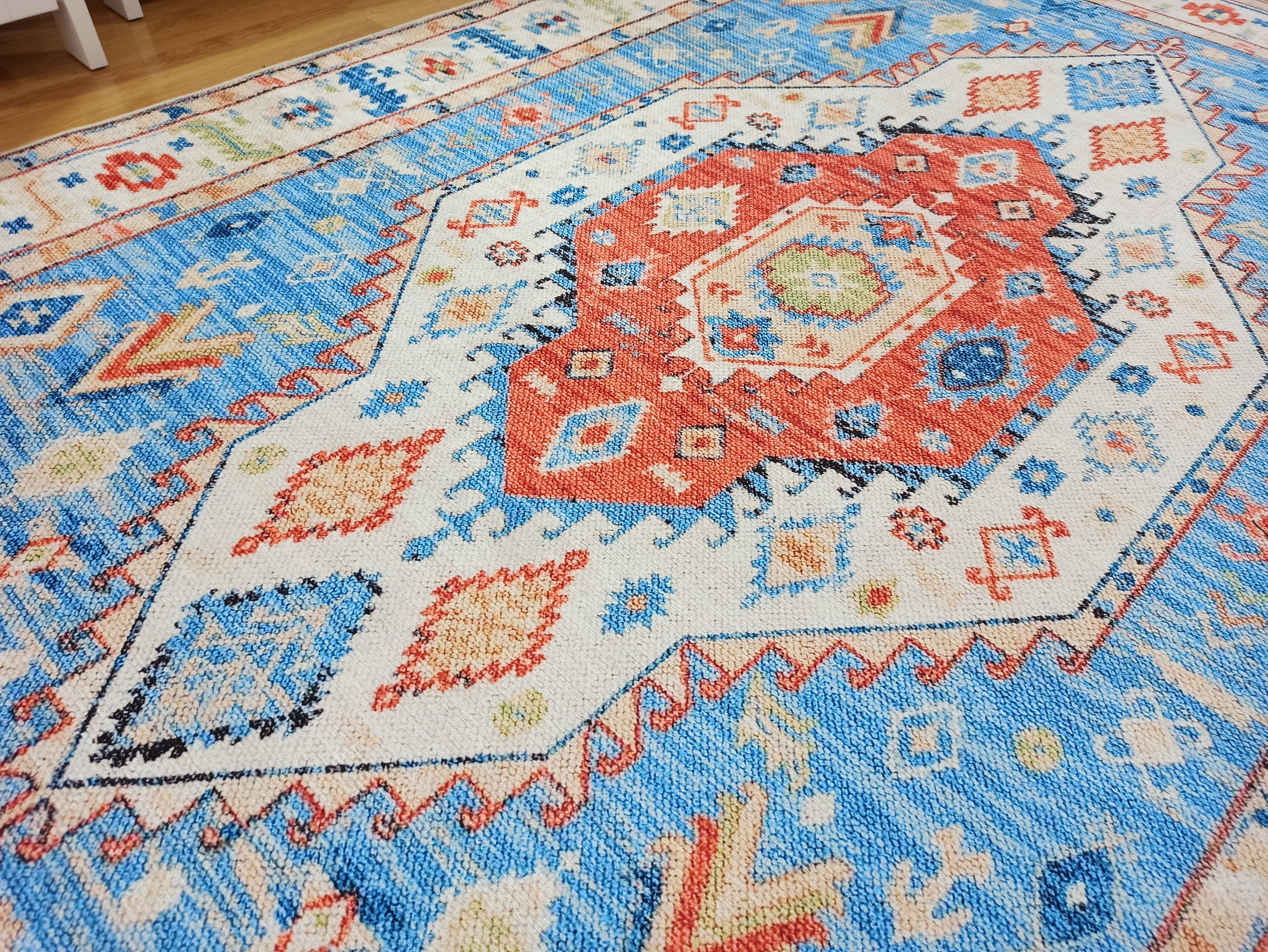Daniz Rug Turkish Light Blue & Coral Red Rug