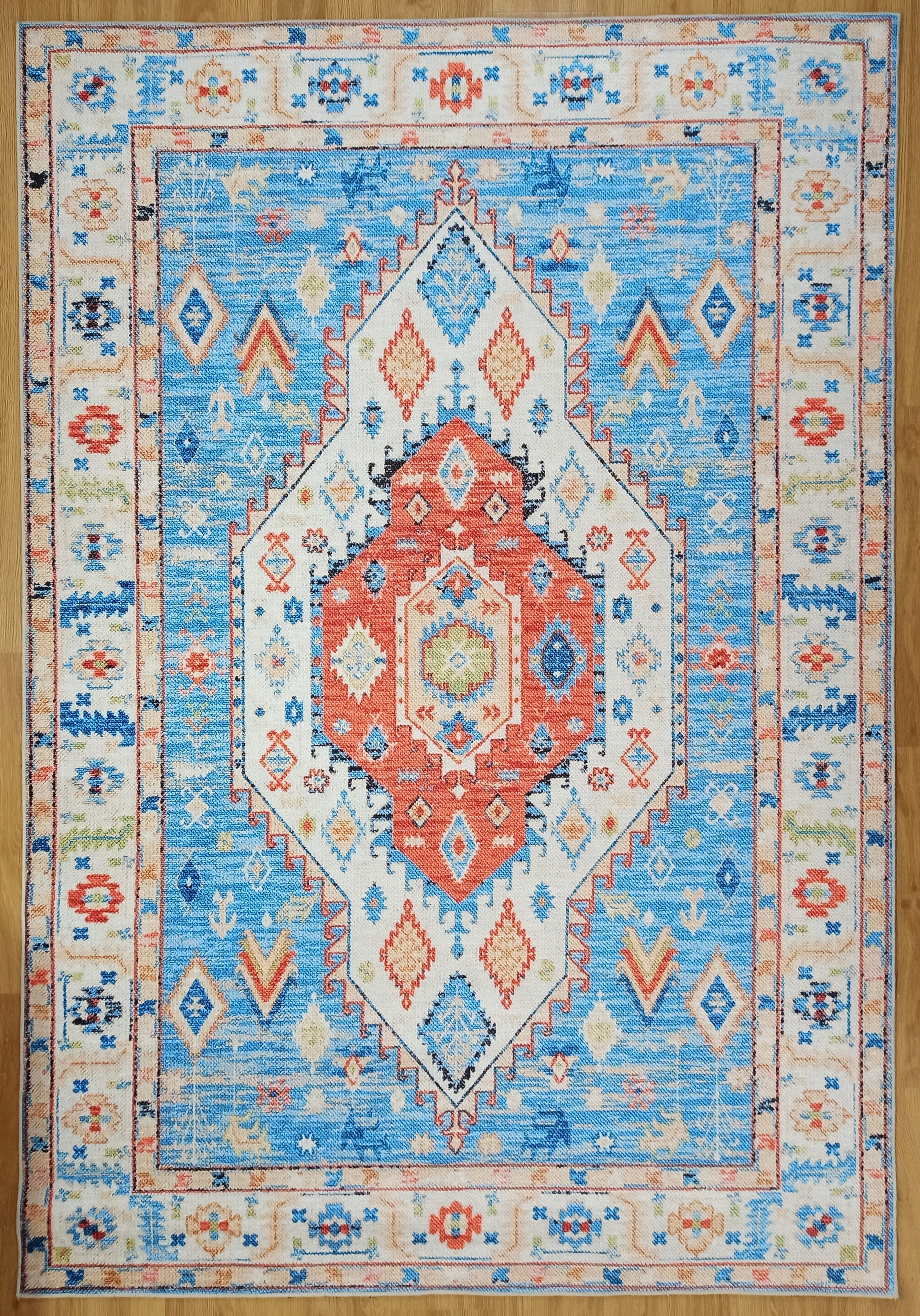 Daniz Rug Turkish Light Blue & Coral Red Rug
