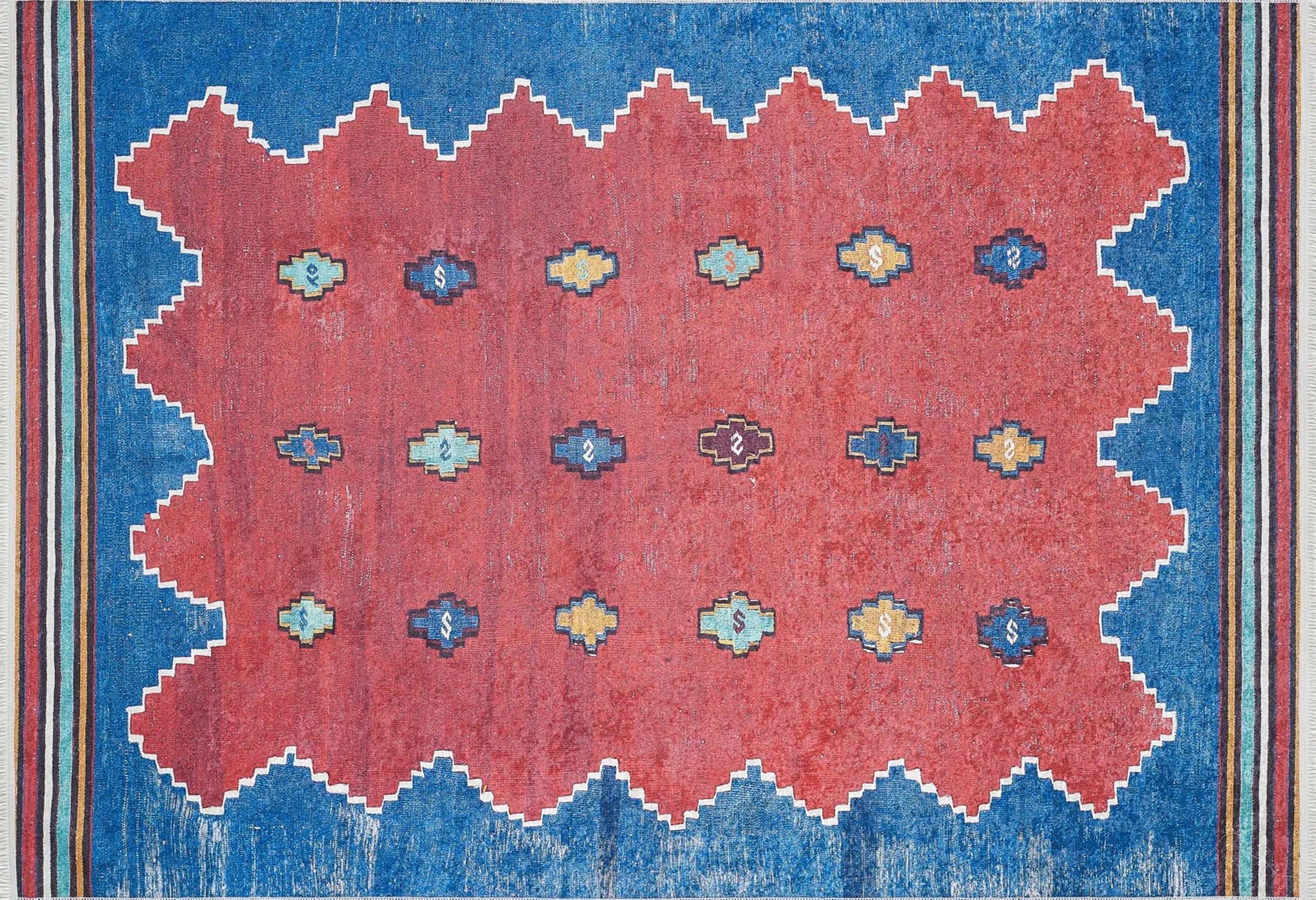 Elma Turkish Kilim Flatweave Red Blue Rug
