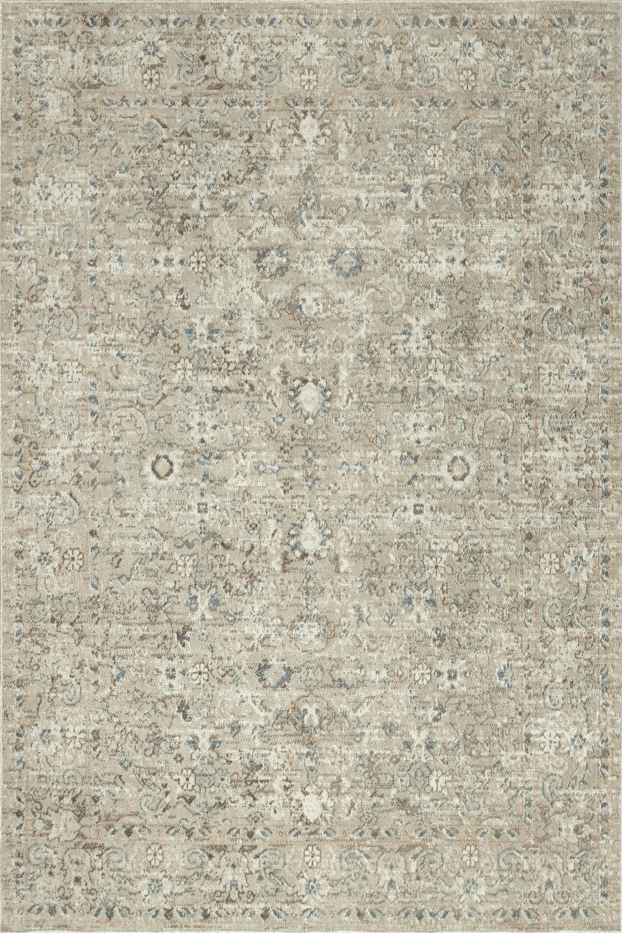 Traditional Faded Floral Beige and Muted Blue Distressed Rug