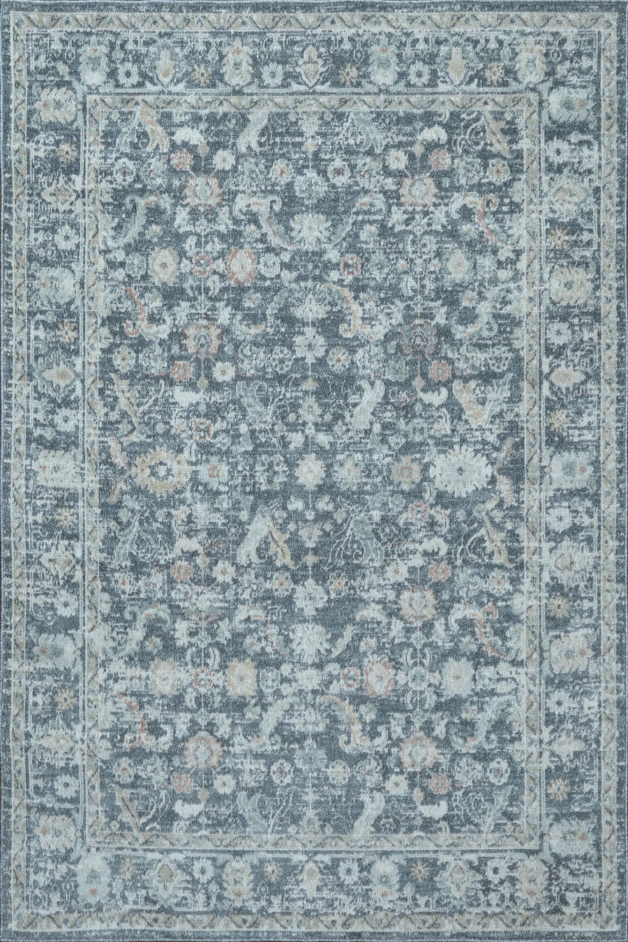 Traditional Floral Distressed Slate Blue Area Rug