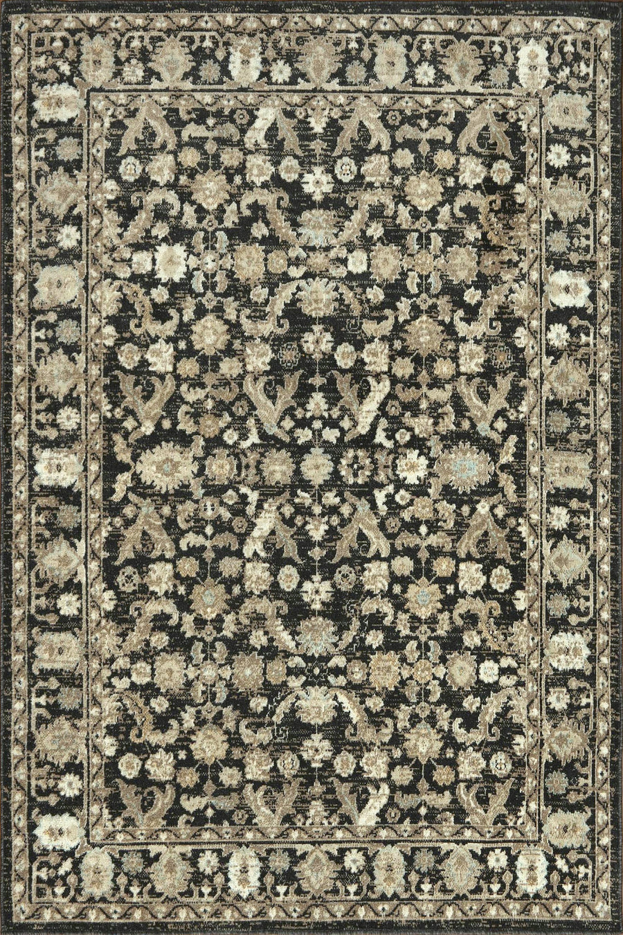 Traditional Floral Black and Beige Distressed Rug