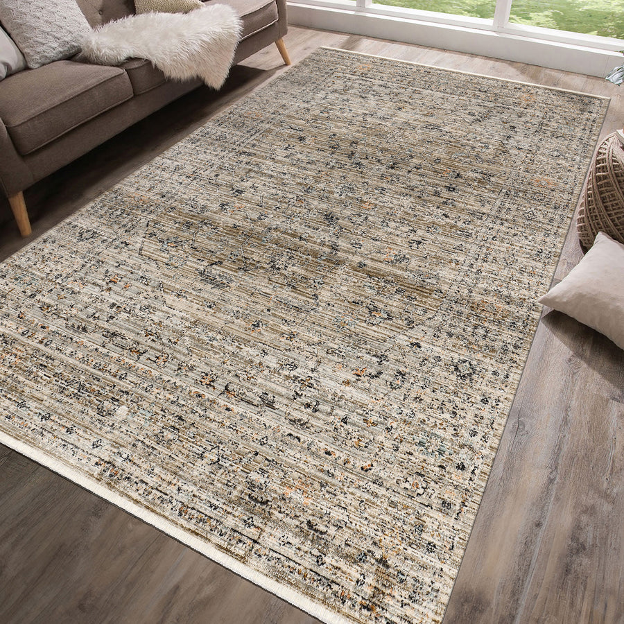 Vizon & Grey Distressed Floral Border Rug