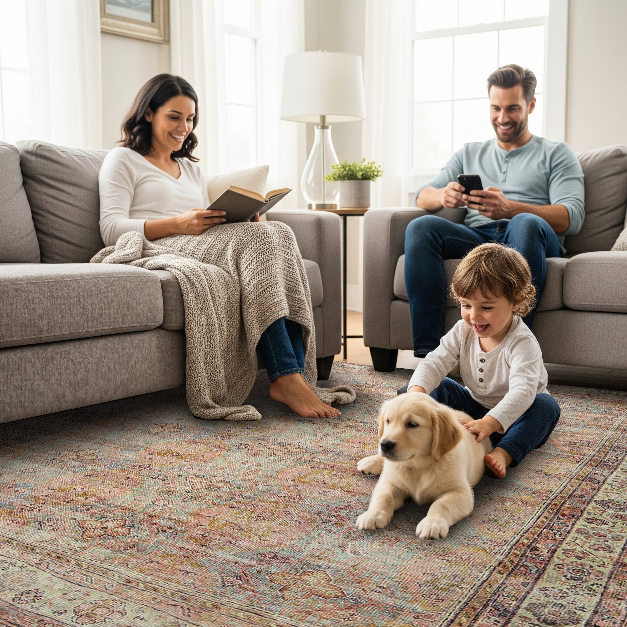 Brown Boho Oushak Vintage Style Washable Rug