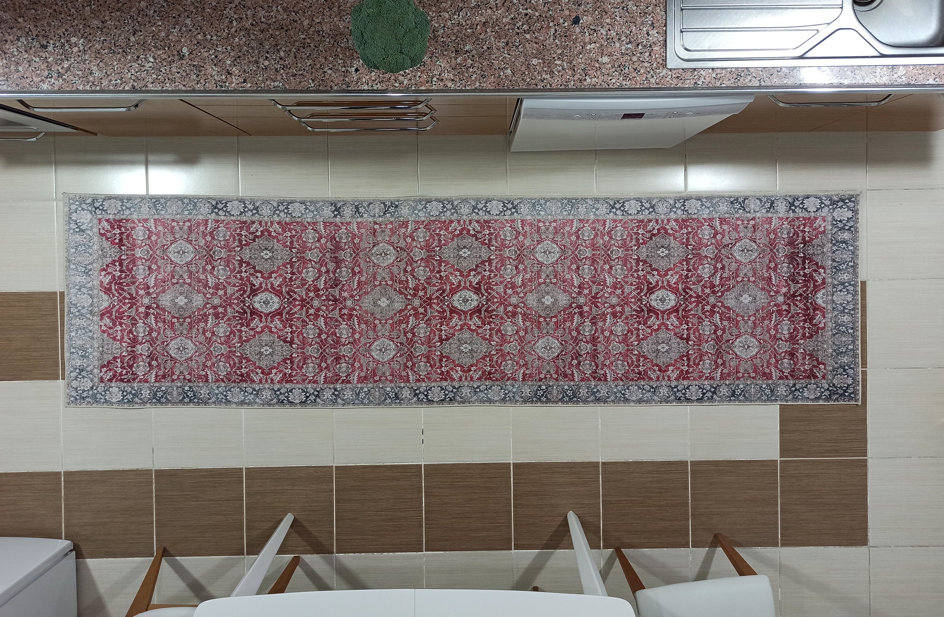 Gobekli Runner Turkish Faded Claret Red Beige teal Runner