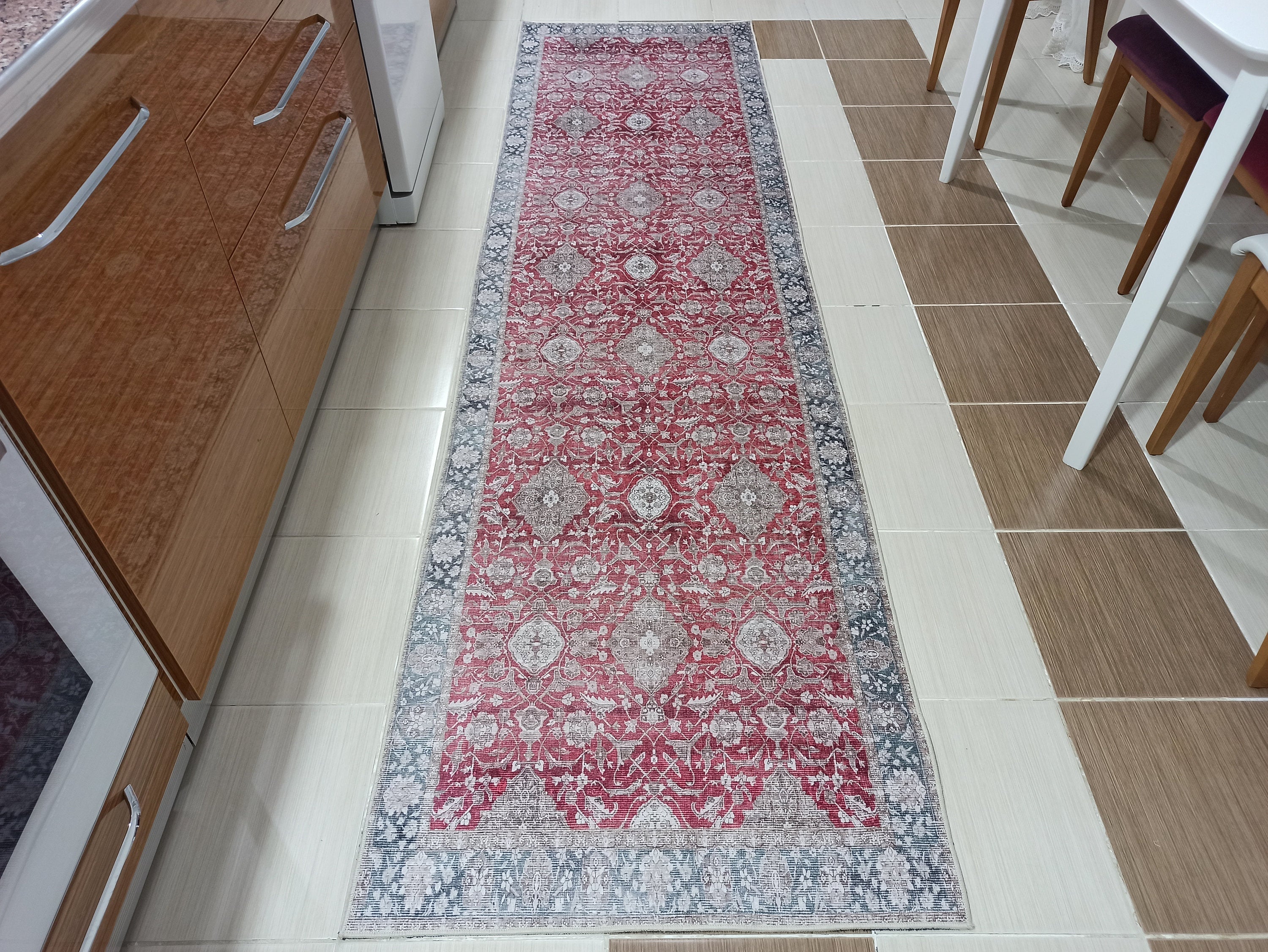 Gobekli Runner Turkish Faded Claret Red Beige teal Runner