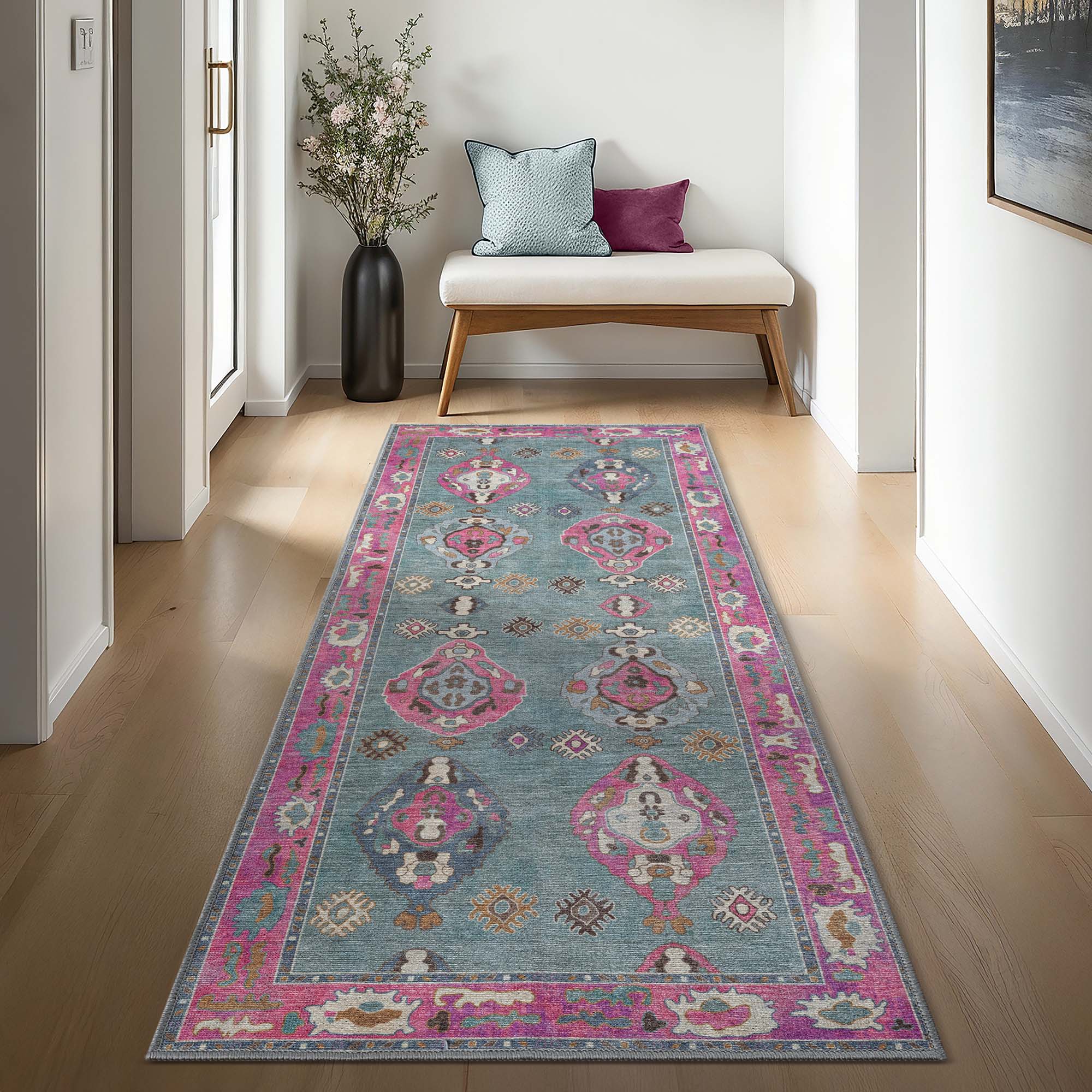 Green Pink Oushak Washable Rug