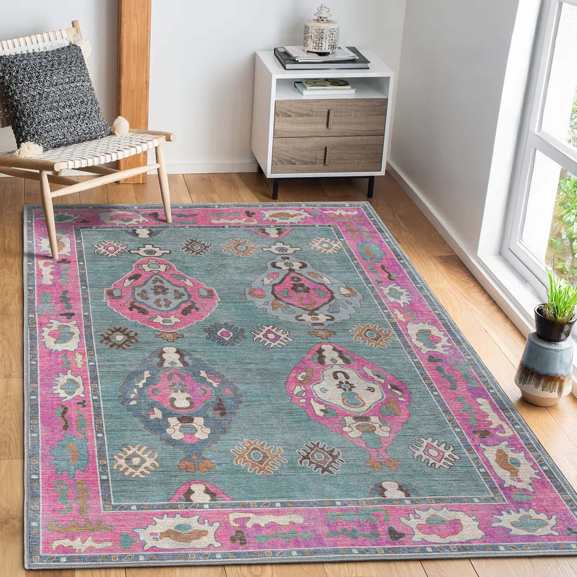 Green Pink Oushak Washable Rug