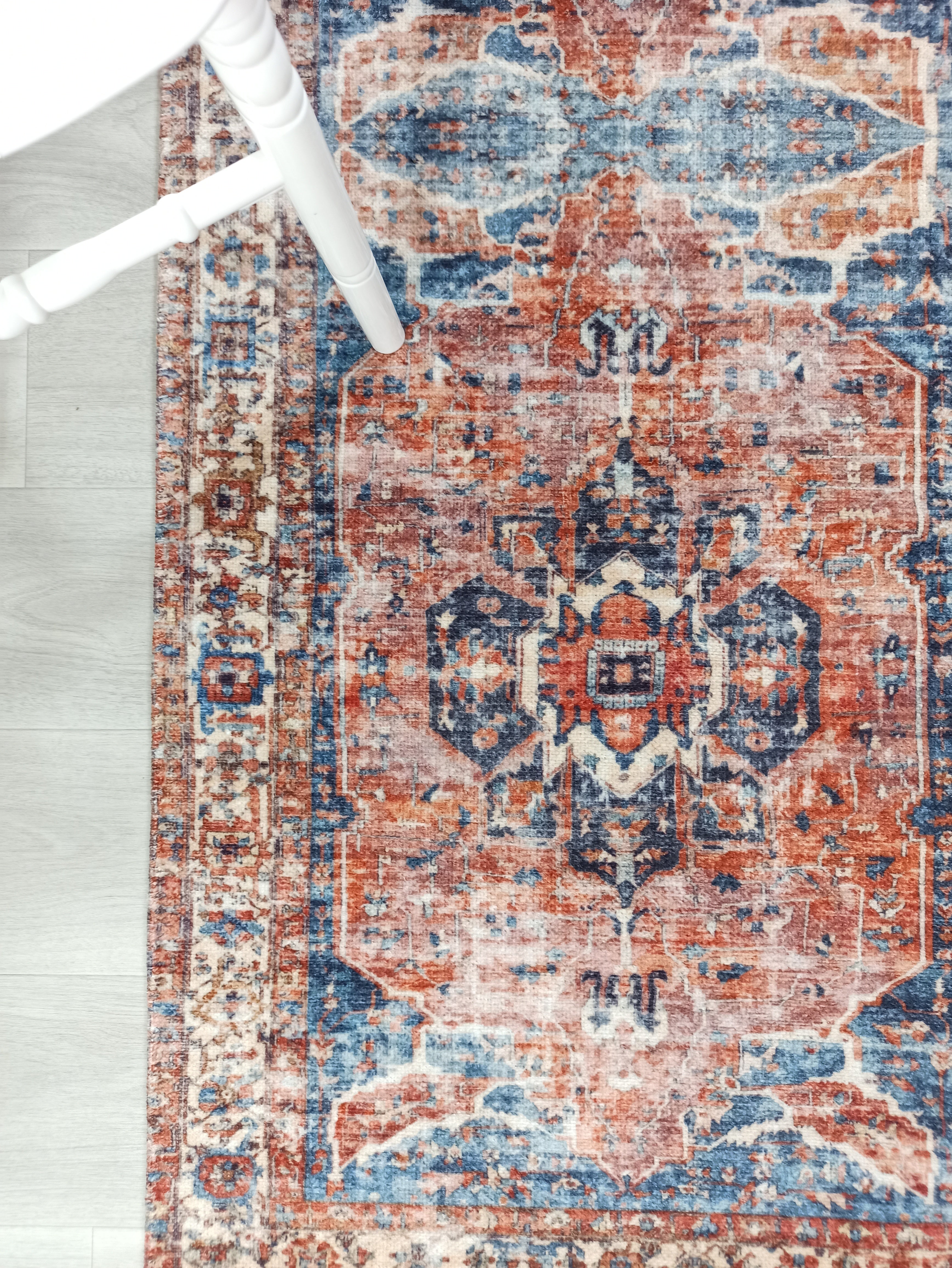 Sema Turkish Vintage Medallion Style Orange Navy Blue Rug