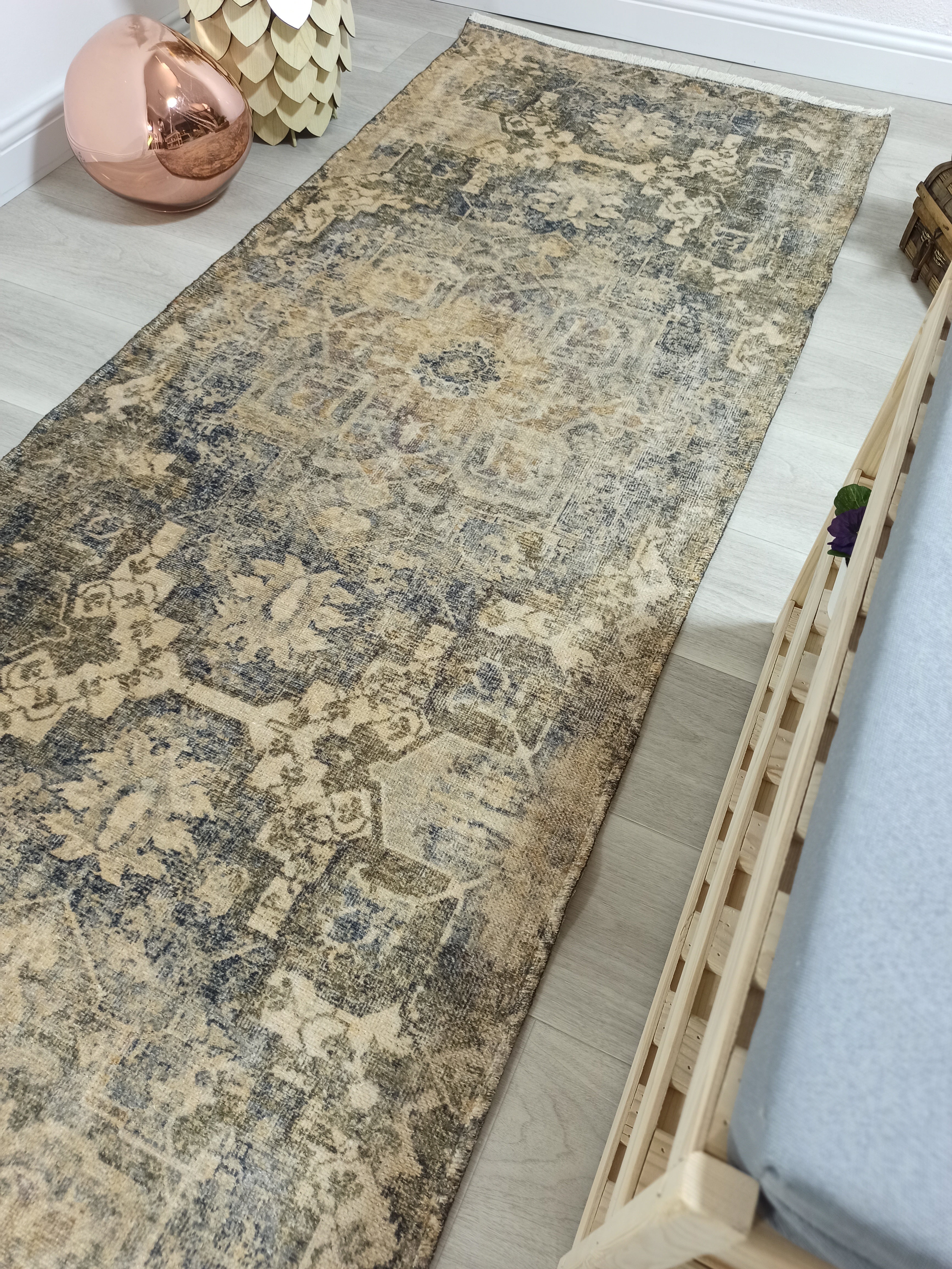 Aliye Turkish Medallion Style Green Beige Vintage Rug