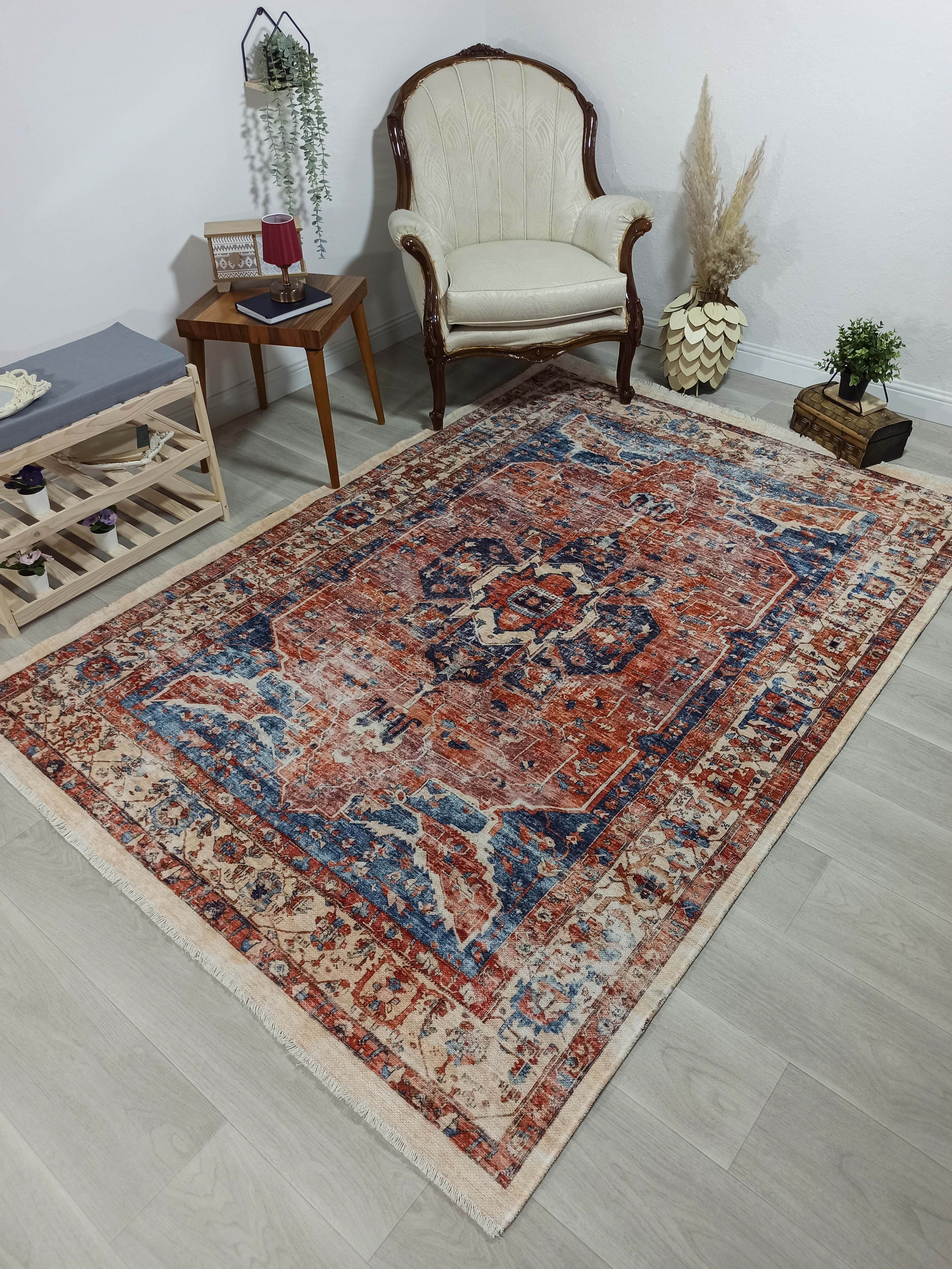 Sema Turkish Vintage Medallion Style Orange Navy Blue Rug