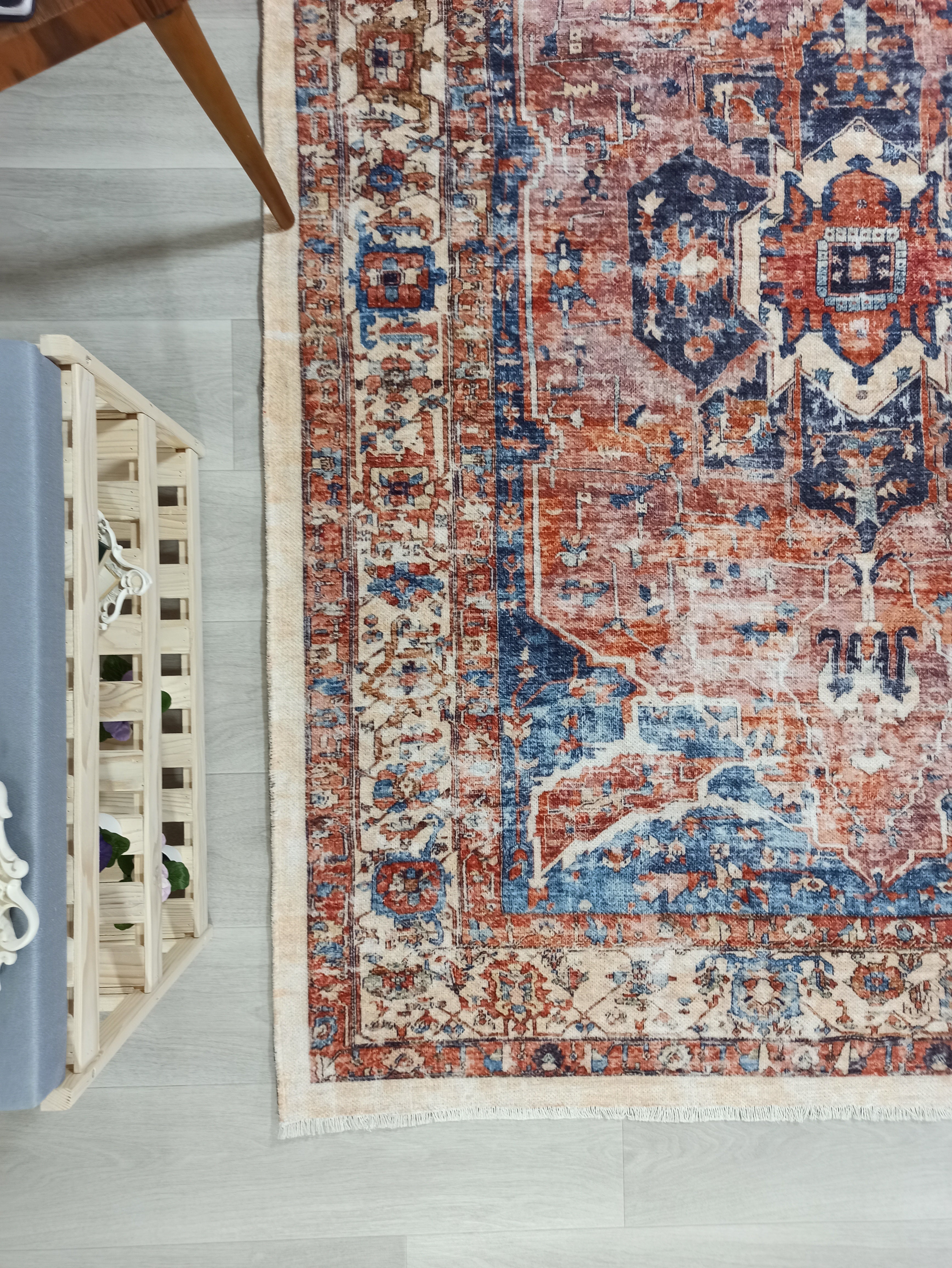 Sema Turkish Vintage Medallion Style Orange Navy Blue Rug