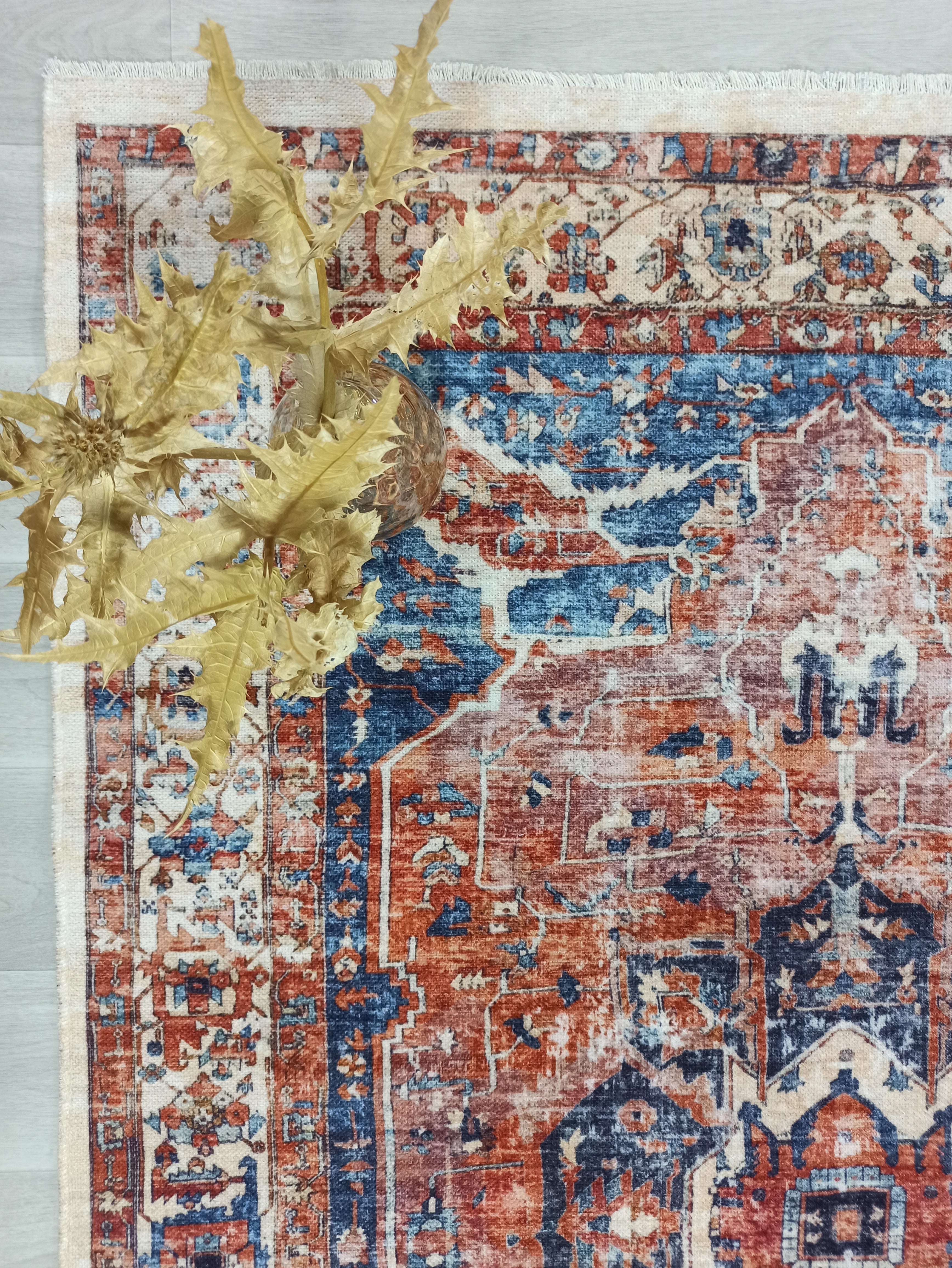 Sema Turkish Vintage Medallion Style Orange Navy Blue Rug